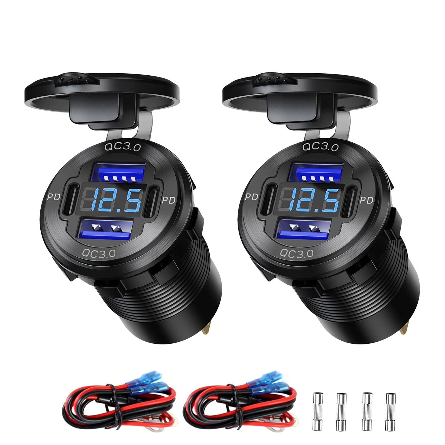2 Pack 12V USB Outlet 4 Port PD+QC Aluminum Waterproof Voltmeter Marine