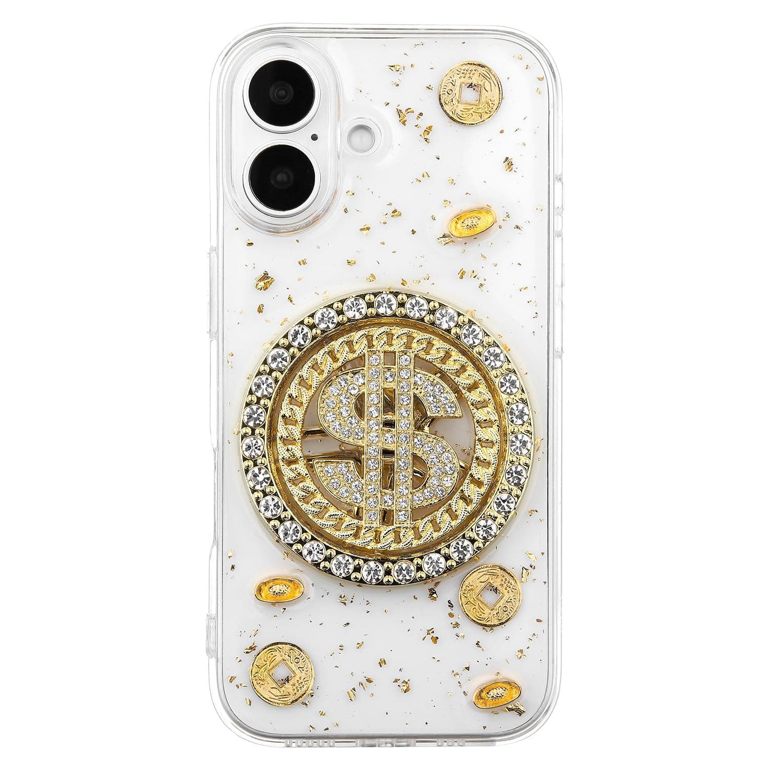 DALIHEBO for iPhone 16 Plus Case Cute Spin Dollar Sign 3D Phone Case, Clear Glitter Luxury Gold Foil Design Soft TPU Slim Shockproof Protective Cover for Women Girls-Clear