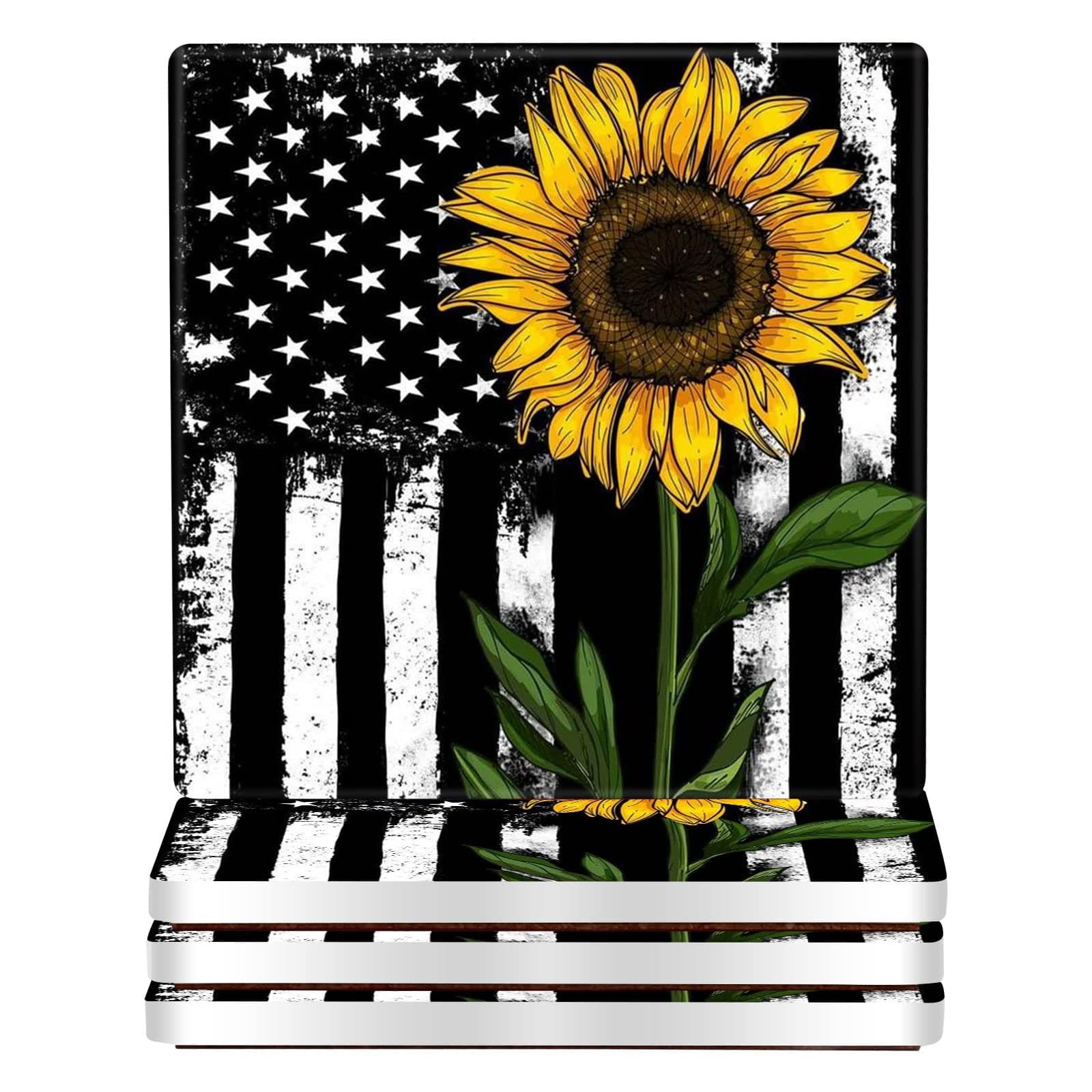 wonlex Ceramic Coasters Absorbent for Drinks, Coaster with Cork Back for Family and Friends, 4 Pack (Black Sunflower)