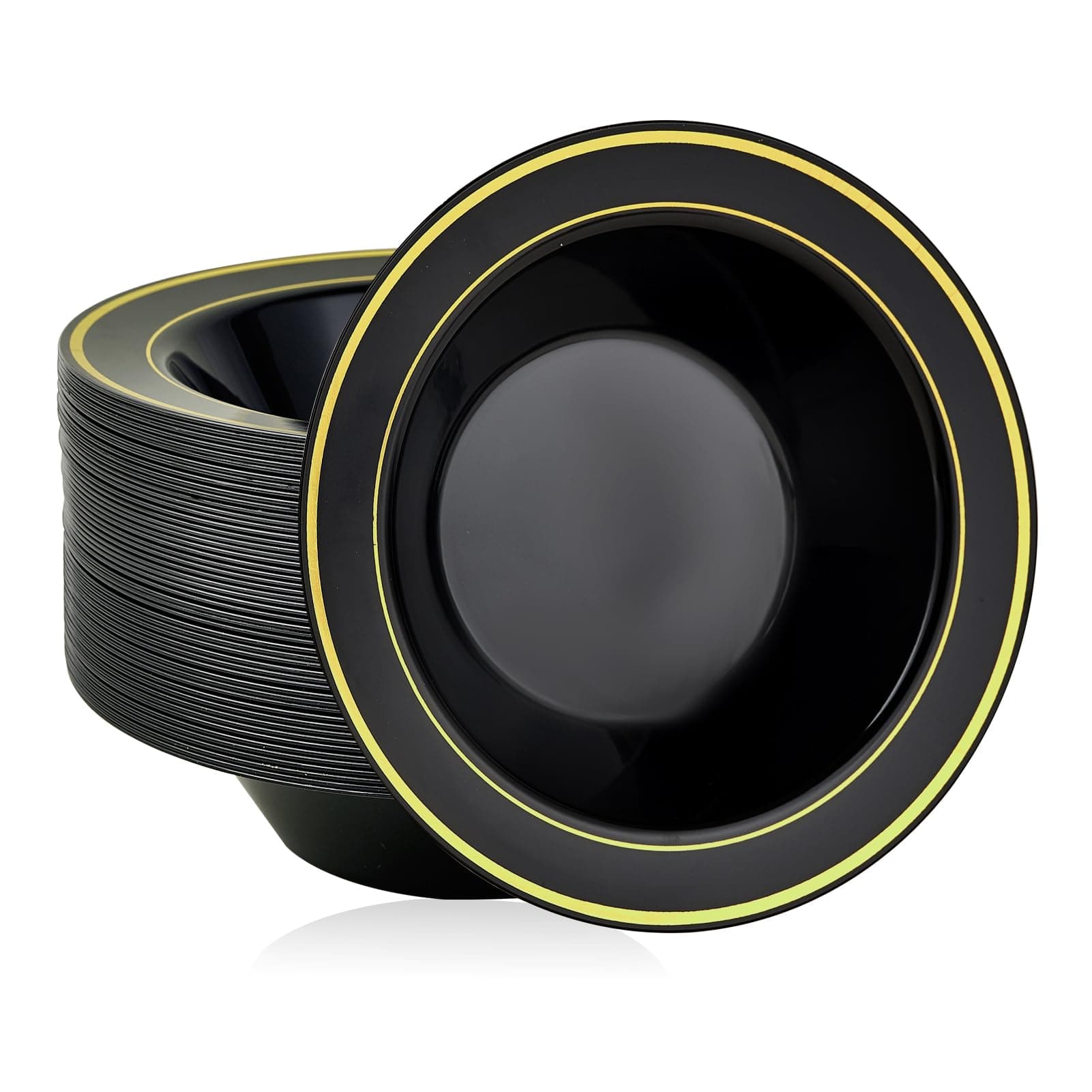 JOLLY PARTY 100PCS 12oz Black Disposable Plastic Soup Bowls with Gold Rim