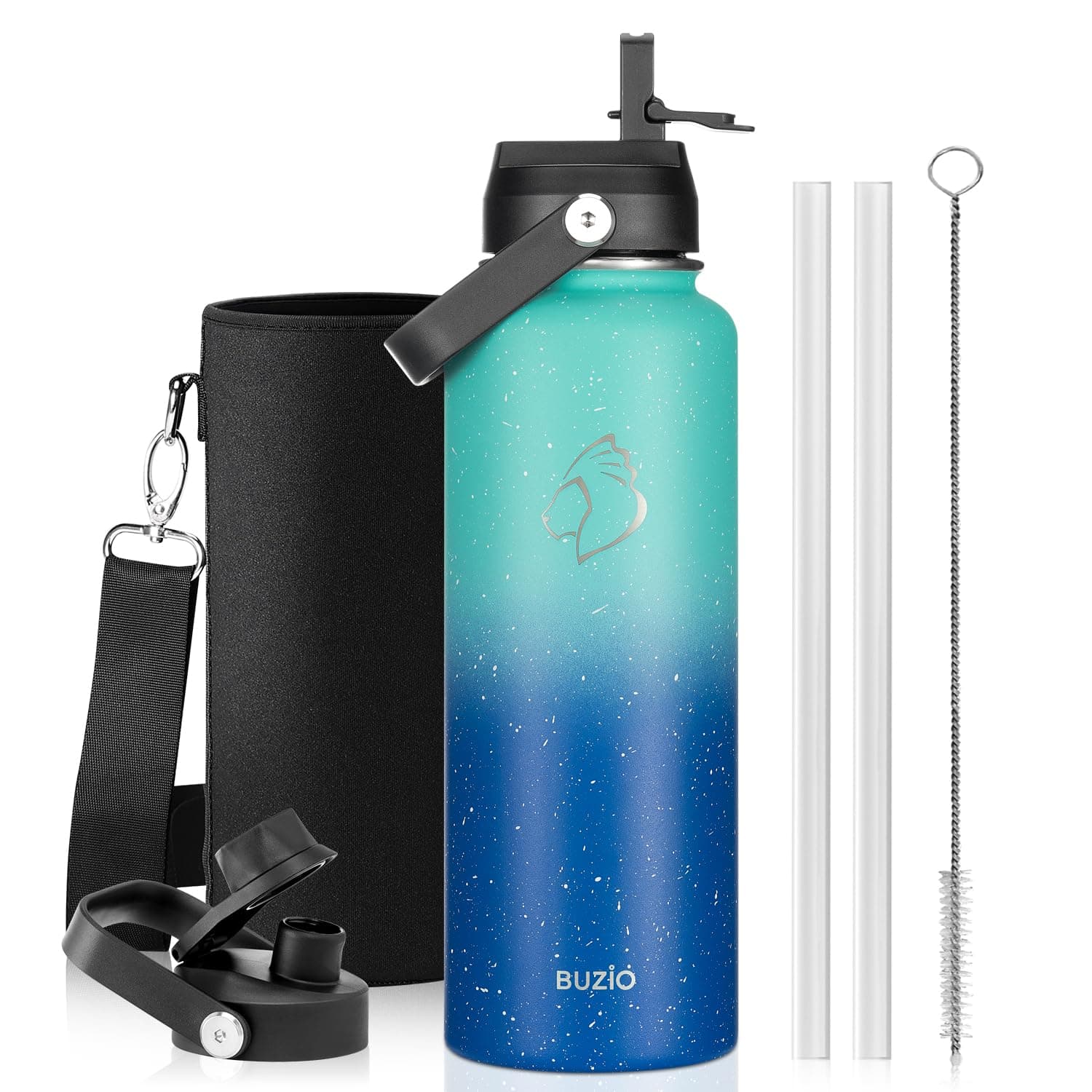 BUZIO 40 oz Insulated Water Bottle Stainless Steel with Straw & Spout Lids