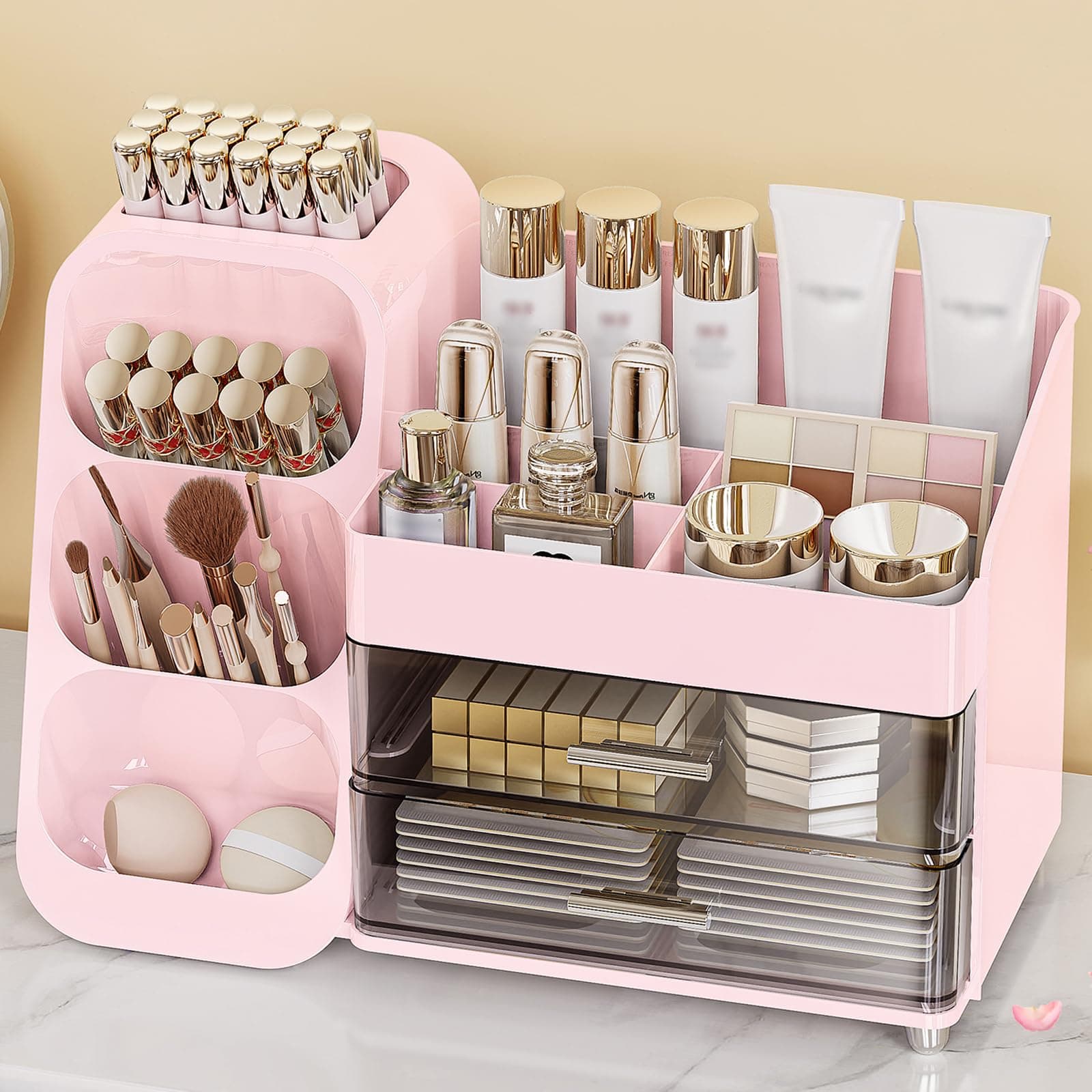 Anylady Makeup Organizer with Drawers, Skincare Organizer (Large Size Thick), Storage Box Cosmetic Display Cases, Make up Organizers for Vanity, Dresser, Desk, Kitchen, Countertop (Pink)
