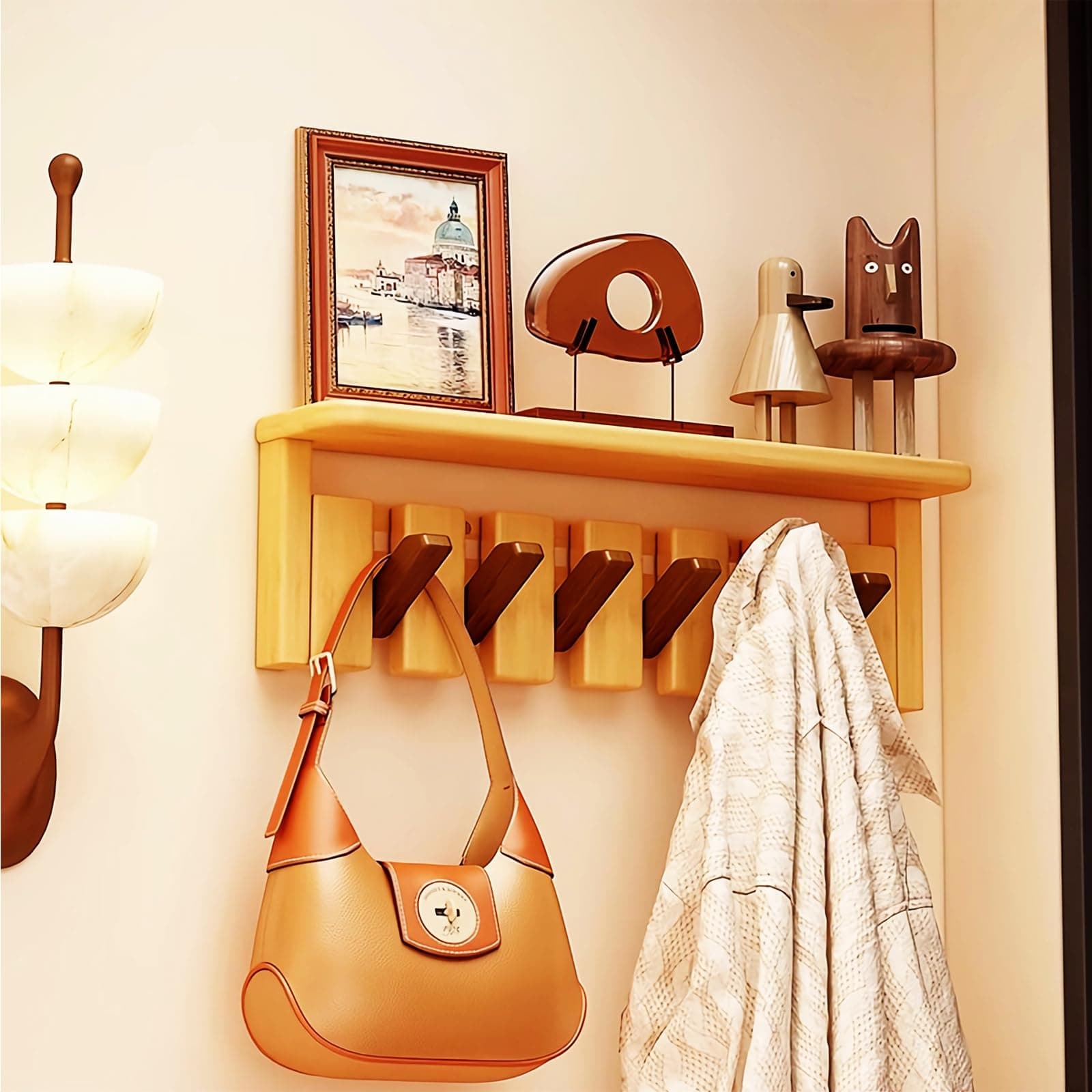 Tlongxia Wall Mounted Coat RackHooks Piano Key Hangers Natural Solid Wood Hanger Non-Woven Fabric Clothes Hangers for Closet, Kitchen, Bedroom, Bathroom, Entryway (Tray Walnut-Beech, 6 Hooks)