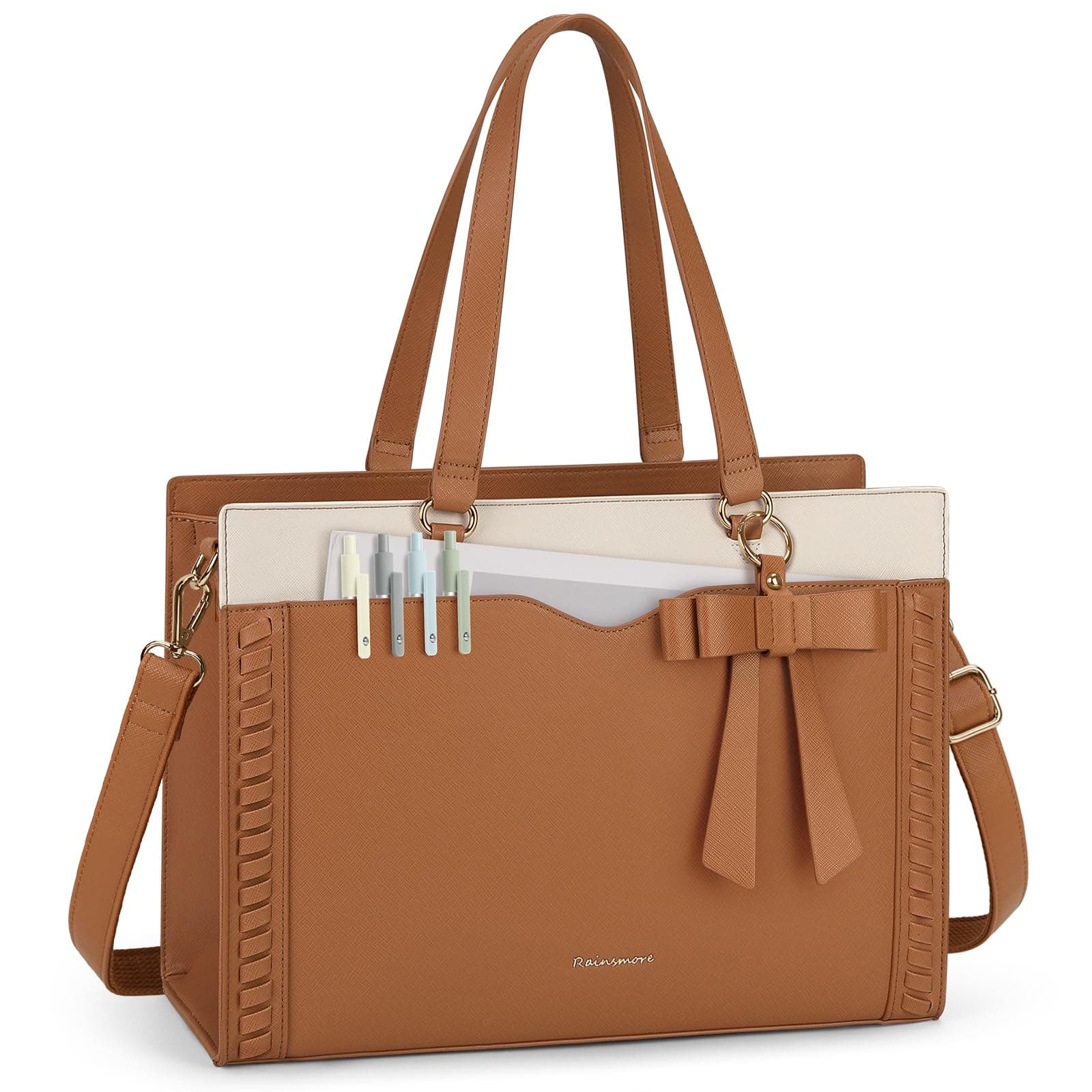 RAINSMORE Laptop Bag for Women 15.6 Inch Work Tote Bag for Women with Detachable Strap & Bow Leather Professional Laptop Tote with Cup Holder, Office Business Briefcase Large Handbag，Brown-White