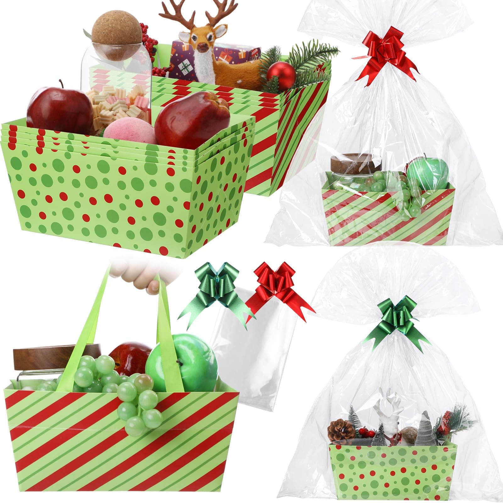 Moinchore 12 Pcs Christmas Basket for Gifts Empty 9.8 x 6.5'' Red and Green Market Tray Cardboard Basket with Bows, Cellophane Bags, Twist Tiles, Empty to Fill for Holiday Birthday Party