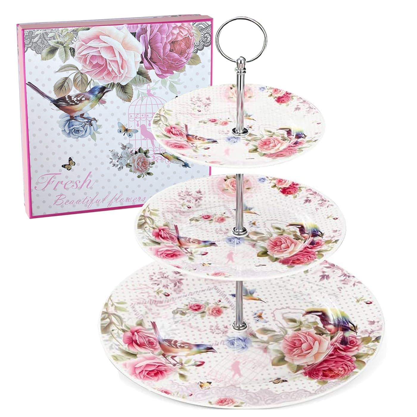 ONEUSTAR 3 Tier Dessert Stand Porcelain Dessert Tower, Pink
