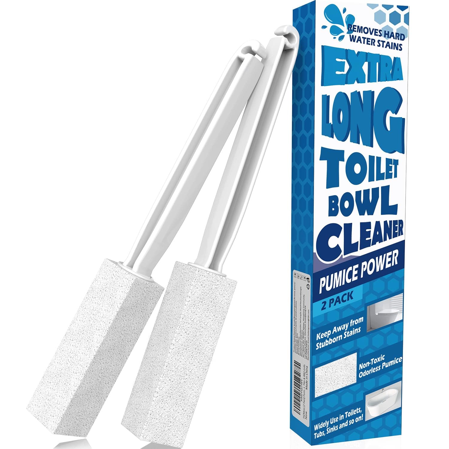 2 Pack Pumice Stone for Toilet Cleaning, Extra Long Handle for Removing Bowl Ring, Pool, Bathroom, Toilet Brush (White)