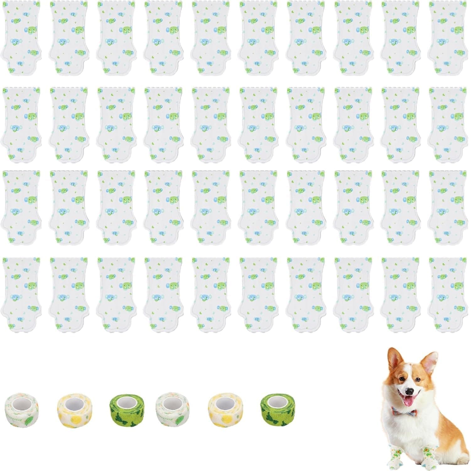 40 Pcs Disposable Dog Boots, Disposable Dustproof Dog Shoes, Breathable Disposable Pet Booties with Adjustable Self-Adhesive Bandage for Indoor and Outdoor Use Protection (Green Blue, L)