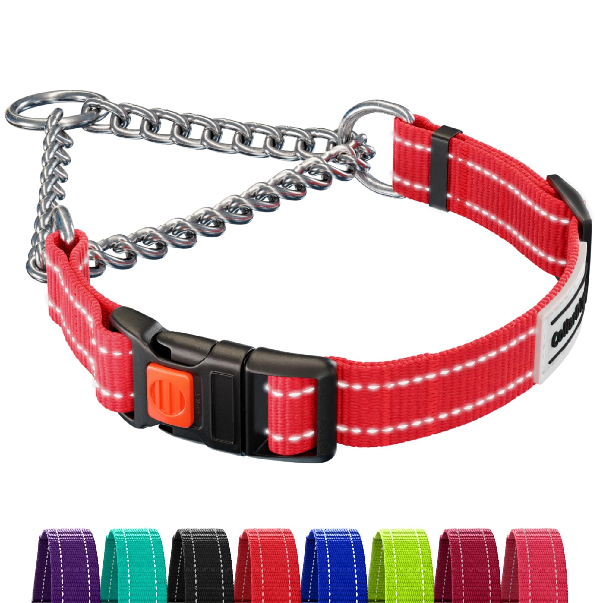 CollarDirect Martingale Dog Collar Dog Choke Collars Stainless Steel Chain Quick Release Buckle - Reflective Collar for Large, Medium, Small Dogs - Red, Medium (Neck Size 14"-17")