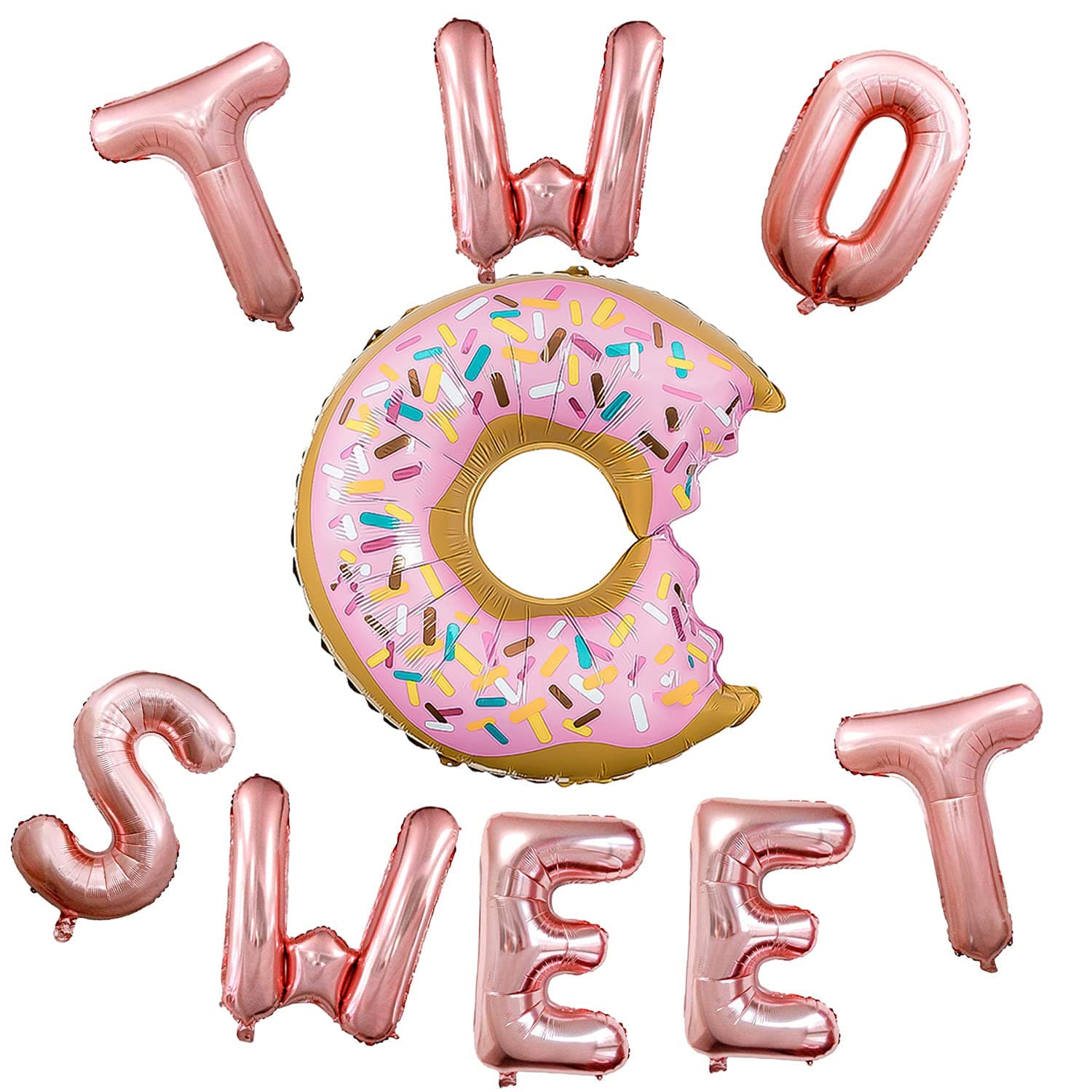QYCX Donut Party Decorations, Donut Balloon, Letter Balloons, 23.6" Pink Donut Foil Balloon with Sprinkle 16" Two Sweet Rose Gold Foil Balloons for 2nd Bday Party Decoration