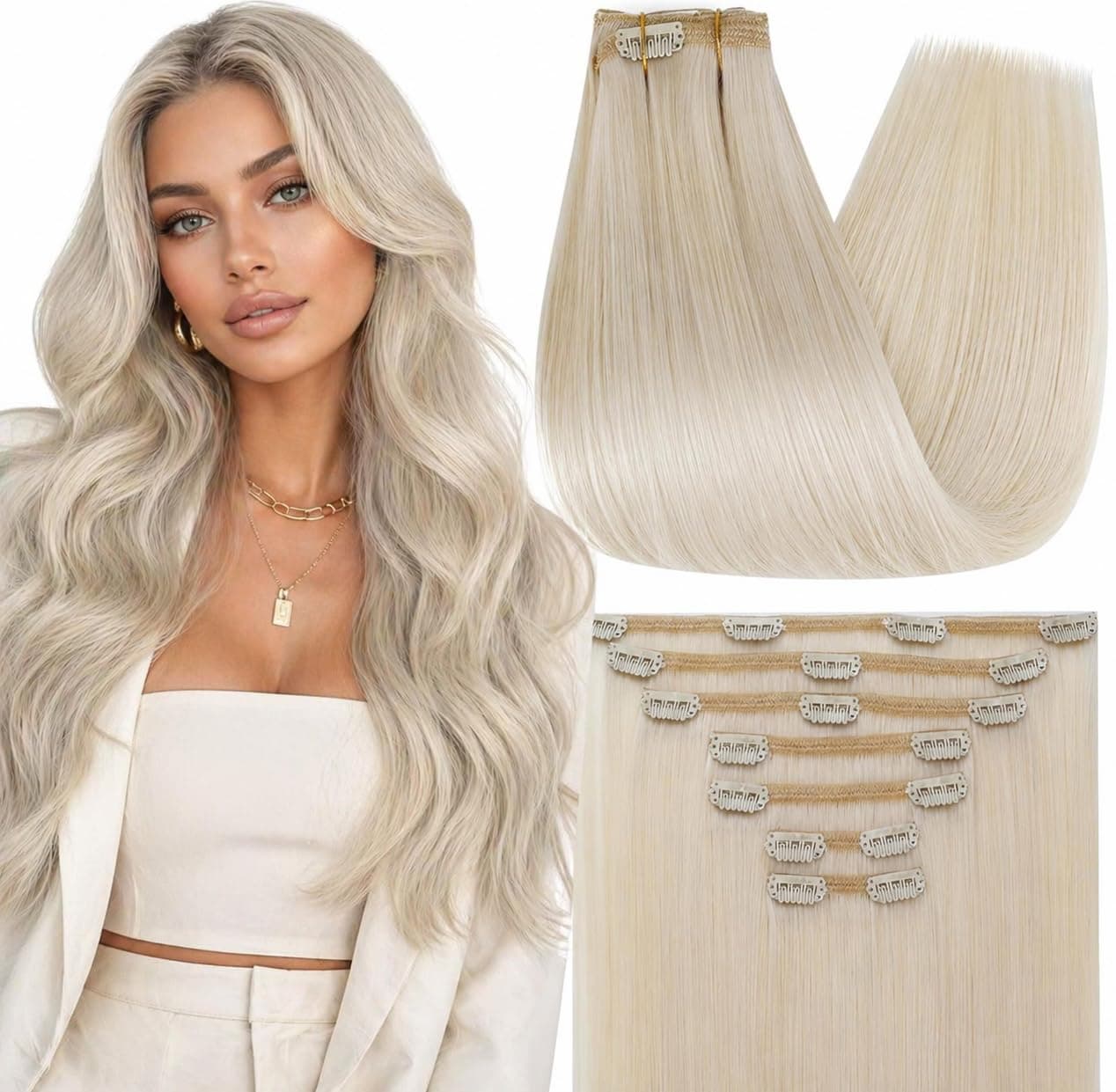 Full Shine Clip in Hair Extensions, Beige Blonde Human Hair 10 Inch