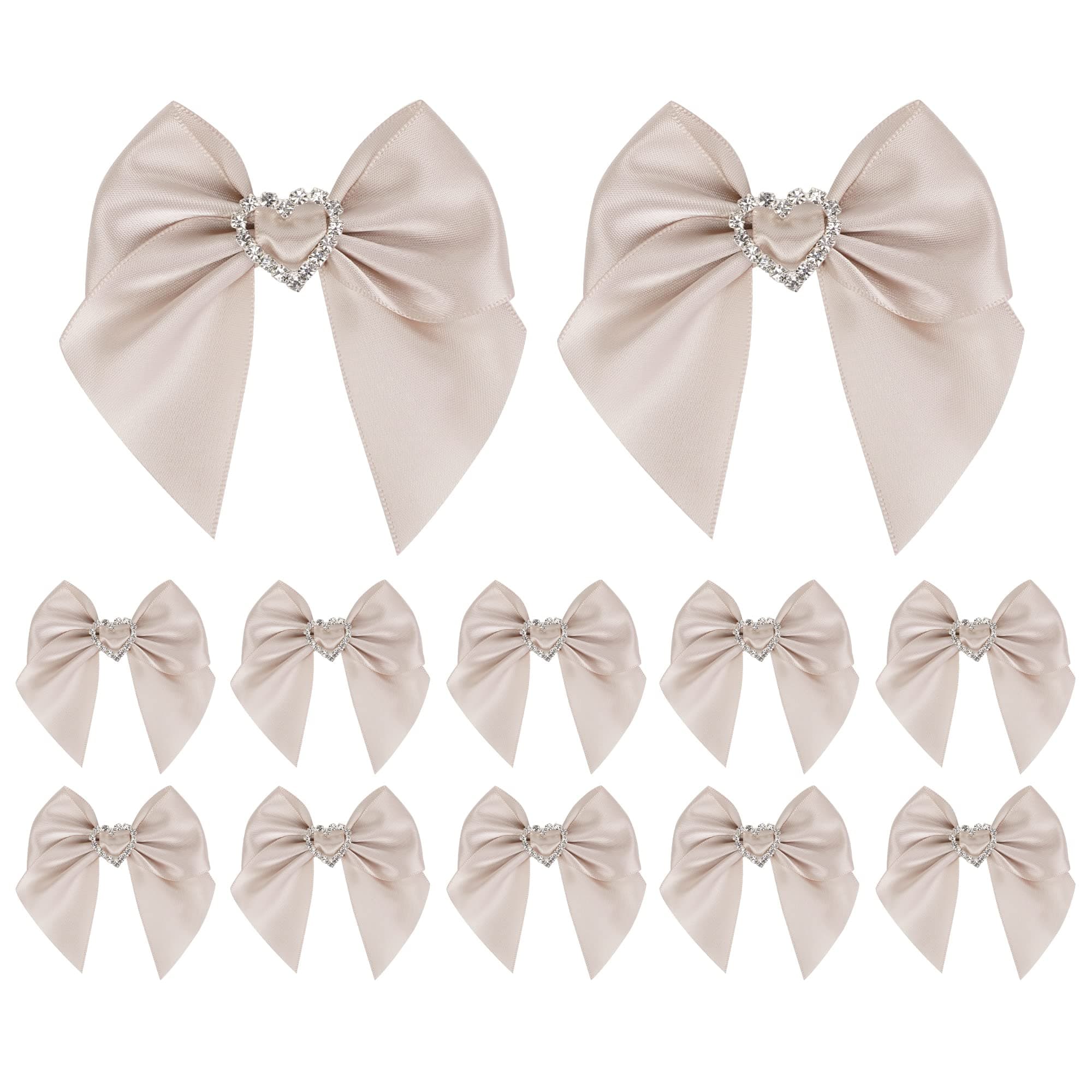 AIMUDI Vanilla Satin Ribbon Bows Sailor Bow with Rhinestone Center 3" Dark Pink Premade Ribbon Bow with Glitter Diamante for Sewing Crafts Gift Wrapping Applique Wedding Favor Decoration - 12 Counts
