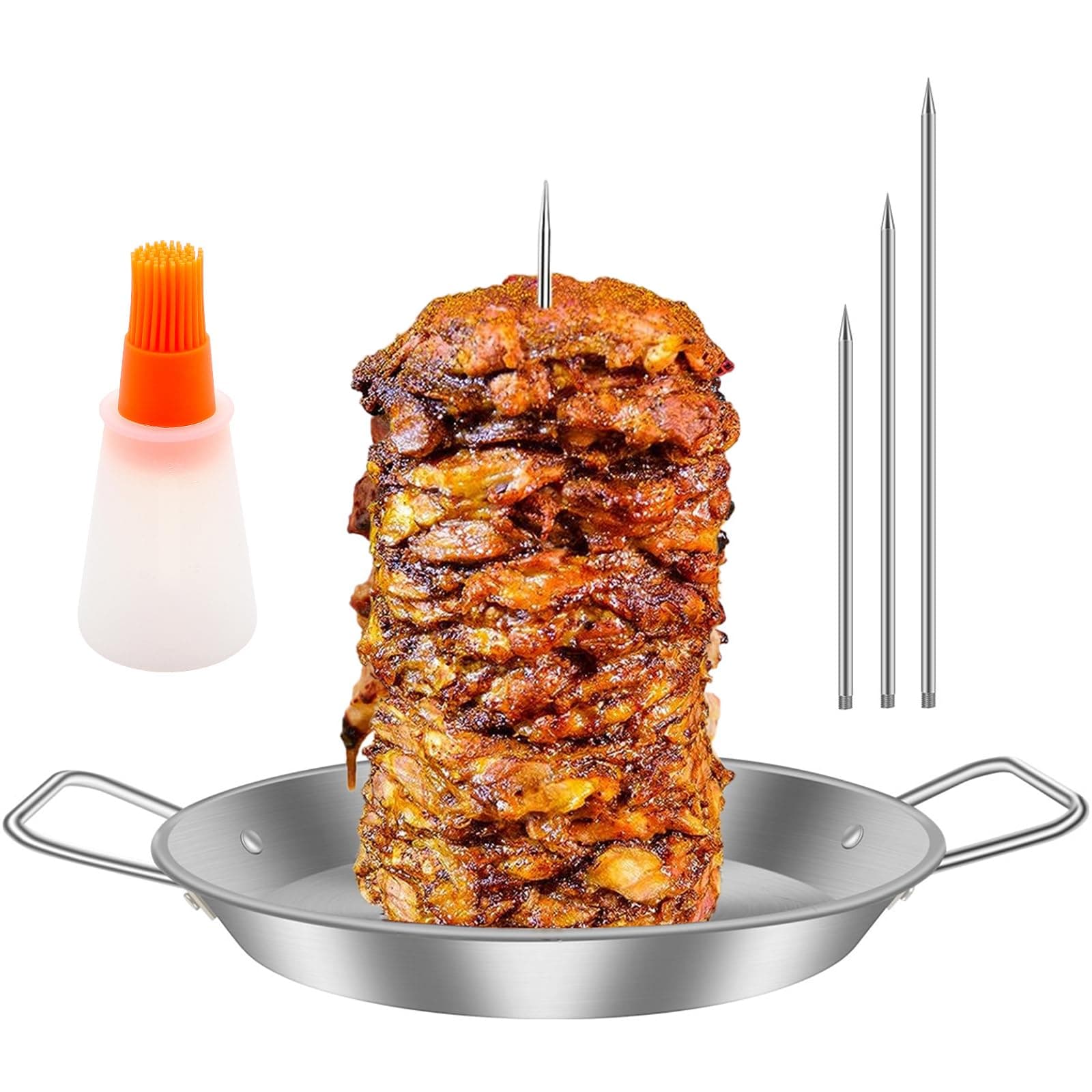 Vertical Skewer Stand, Al Pastor Skewer for Grill, Stainless Steel Reusable Skewers Rack for Grilling, Barbecue Vertical Skewers Grill Rack with Handle 3 Replacement Spikes and Oil Brush for Tacos