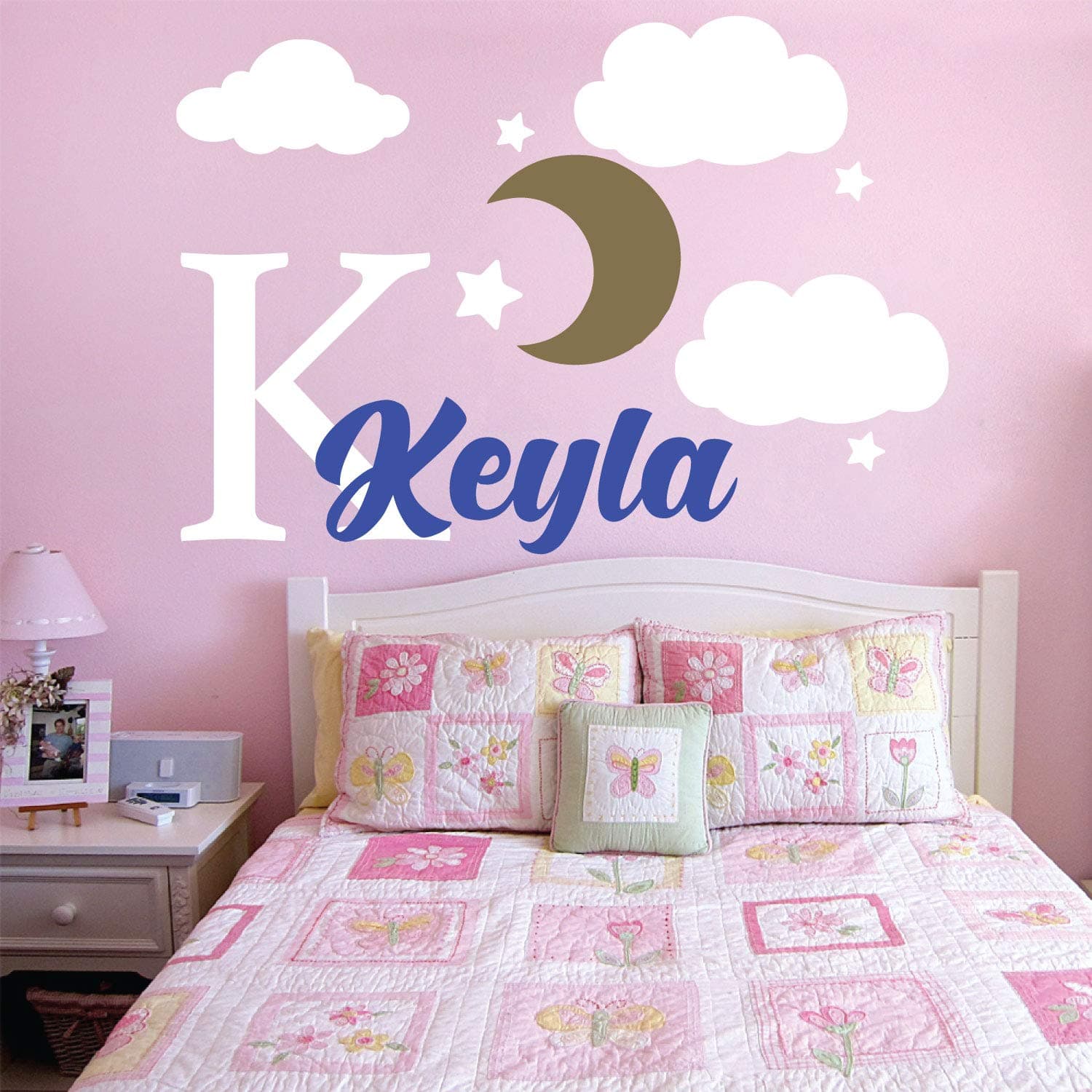 Name & Initial Stars Clouds Baby Boy and Girl Personalized Name Nursery Wall Decal Vinyl Sticker | Multiple Font Options | Custom Kids Room Décor | Bedside Decals | Children’s Room