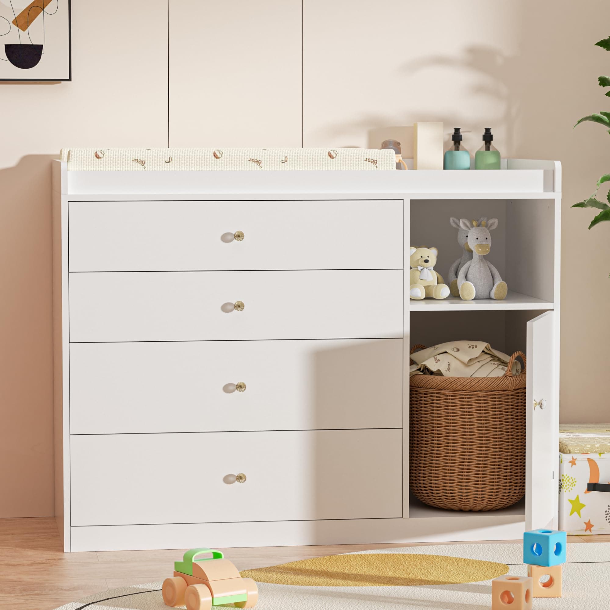 QUNTTINA Nursery Dresser Changing Table Dresser with Changing Table Top Baby Diaper Changing Station with 5 Drawers for Infants Chest Storage Changing Station Nursery Organizer,White