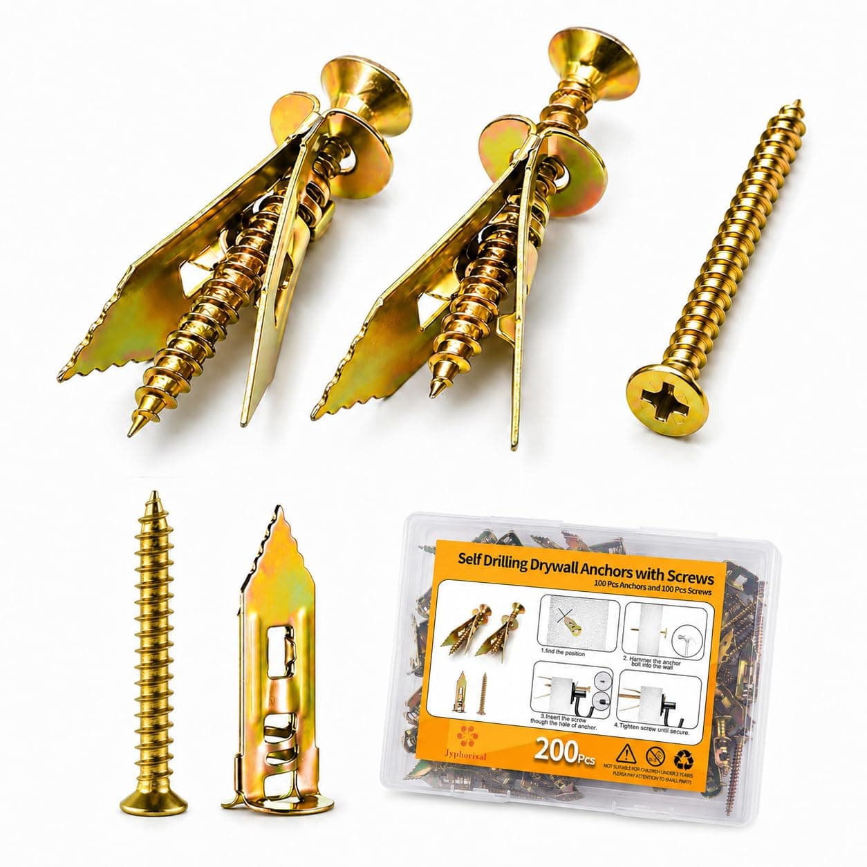 Jyphorixal 200 PCS Drywall Self Drilling Anchors with Screws Kit,100 Sheetrock Anchors (0.47X1.18inch) and 100 Zinc Plated Screws, Easy Application No Drill or Holes in Wall.