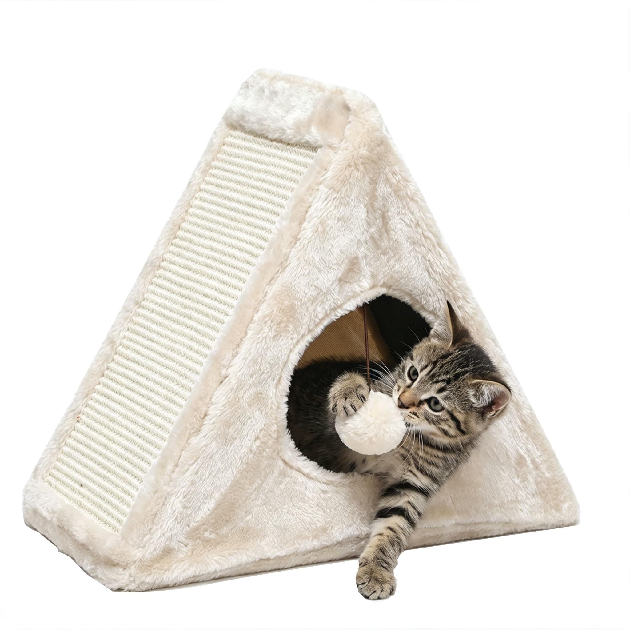 Cat Bed, 18"x10"x15.5" Creamy White Foldable Cat Beds for Indoor Cats, Cat House with Scratcher Board for Small Cats and Kittens