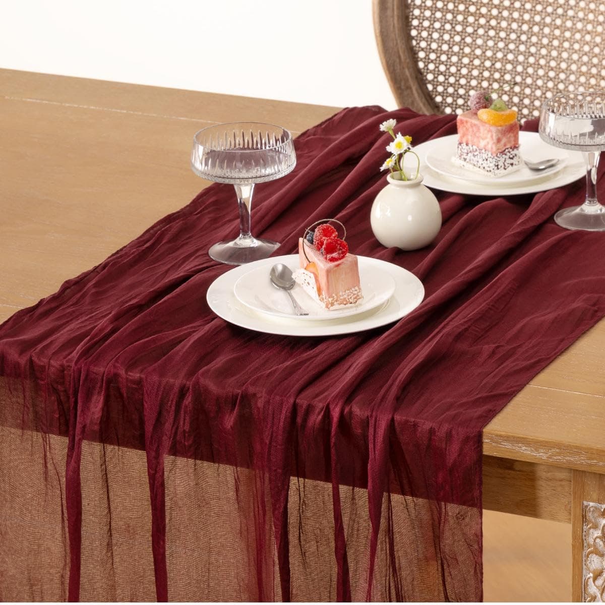 Loopiske 3pcs Burgundy Red Cheesecloth Table Runner 10FT Boho Rustic Sheer Gauze Cheese Cloth Long Table Runner 35x120 Inch for Summer Wedding Party Bridal Baby Shower Birthday Home Decor