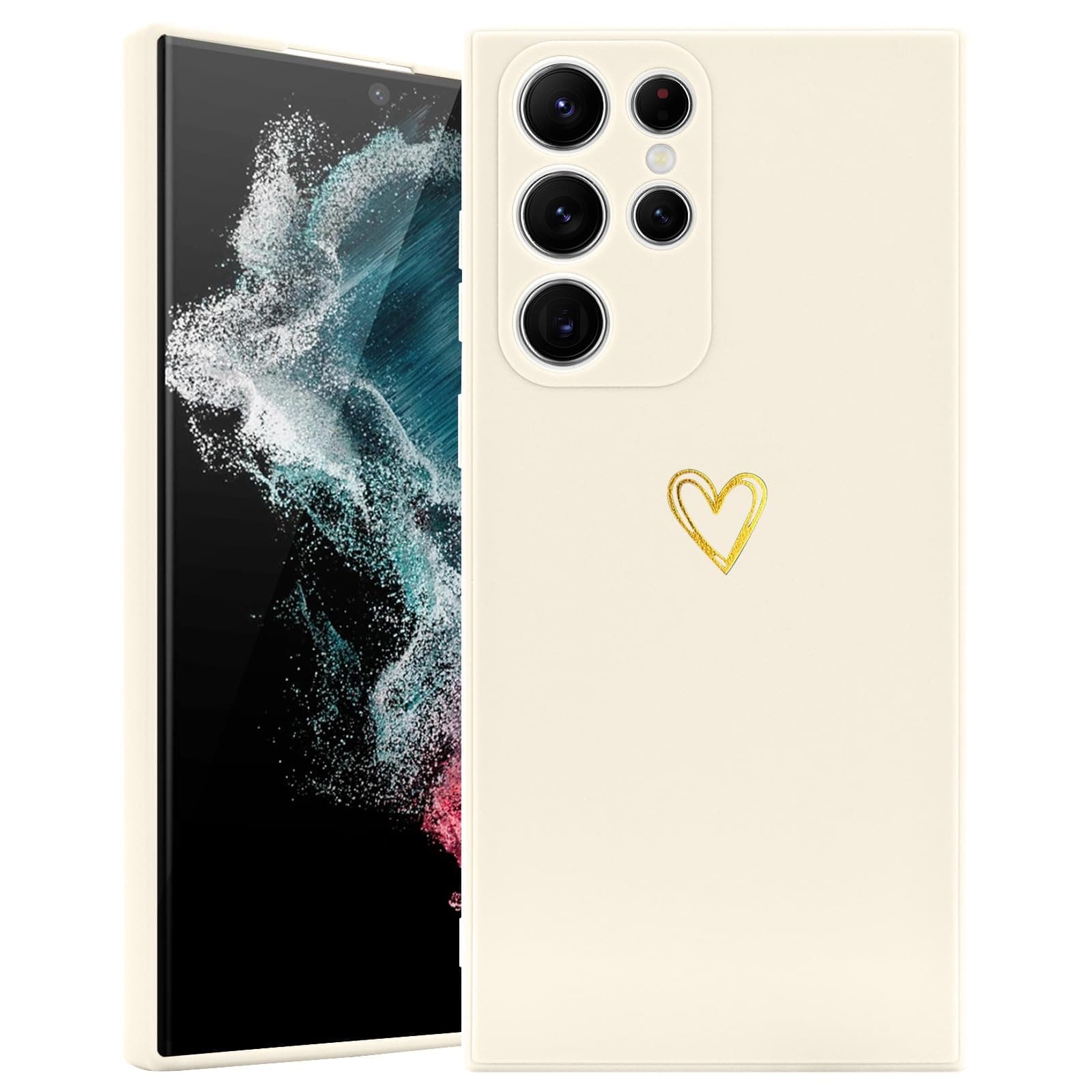 Wirvyuer for Samsung Galaxy S22 Ultra Aesthetic Cell Phone Case Cute Slim Shockproof with Wireless Charging Support and Protection, Cream