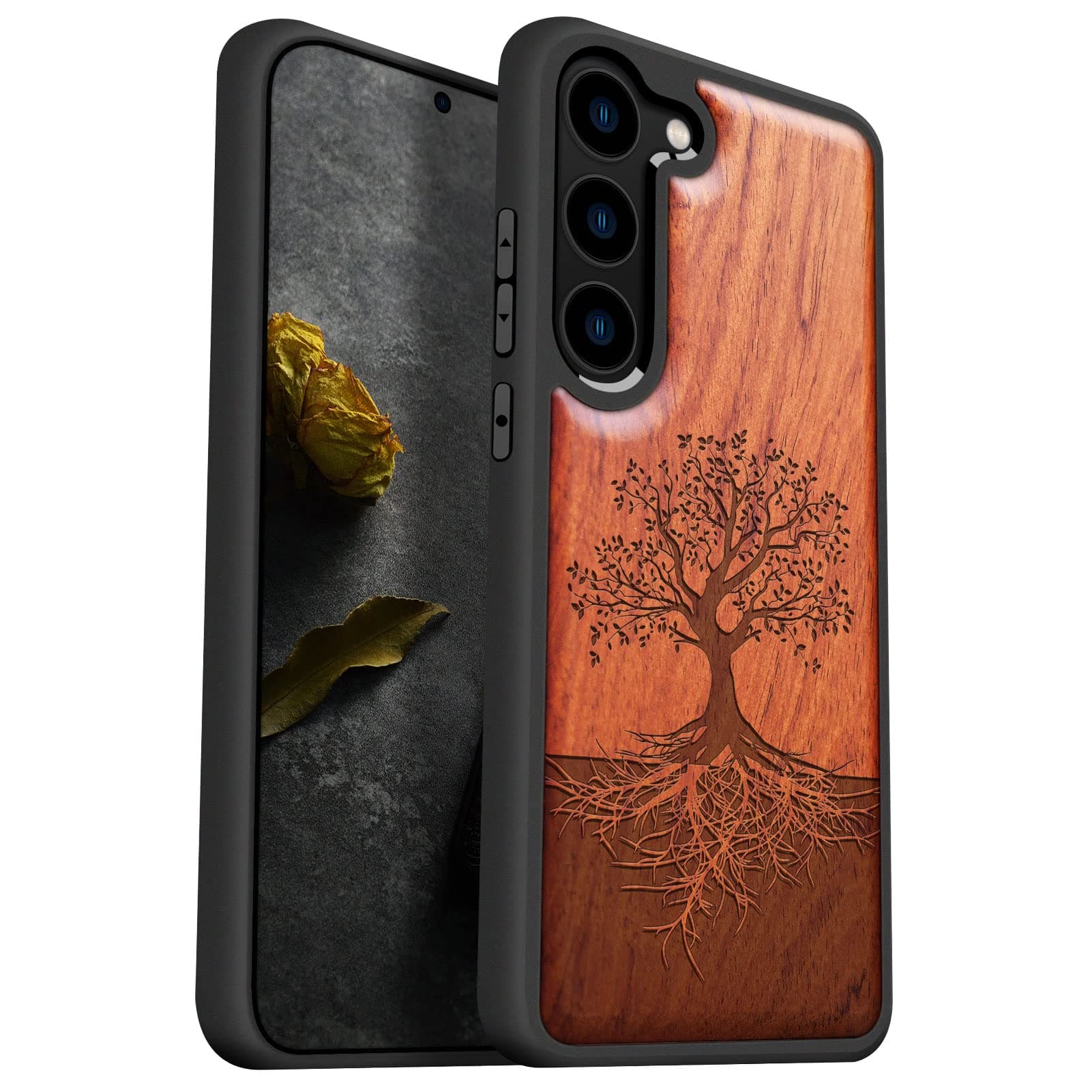 Carveit Wood Case for Galaxy S23 Plus Case [Natural Wood & Black Soft TPU] Shockproof Protective Cover Unique & Classy Wooden Design Compatible with S23 Plus (Tree with Roots-Rosy)