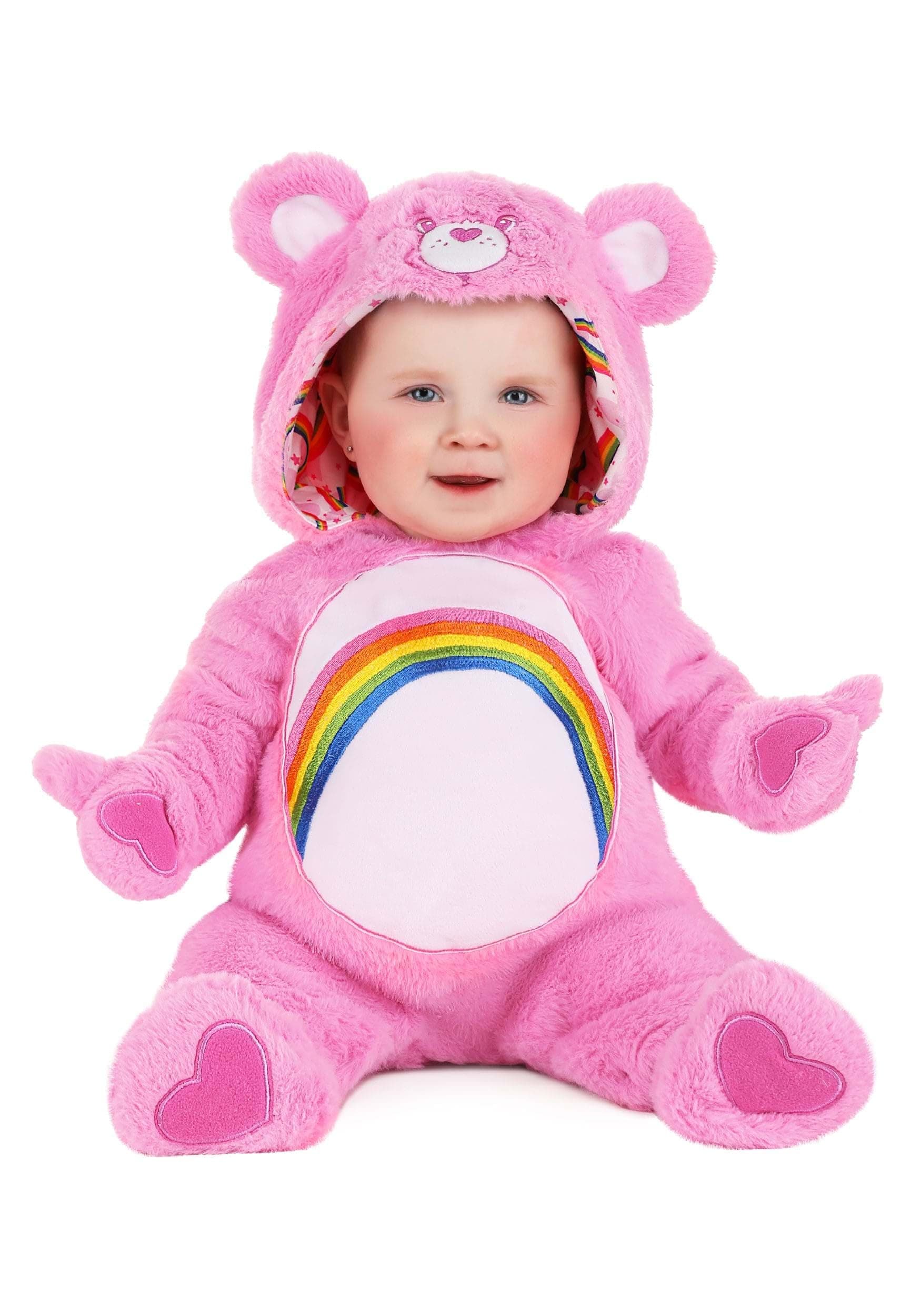 Care Bears Deluxe Infant Cheer Bear Costume | Pink Hooded Jumpsuit with Rainbow Belly Badge, Pink, 12/18 Months