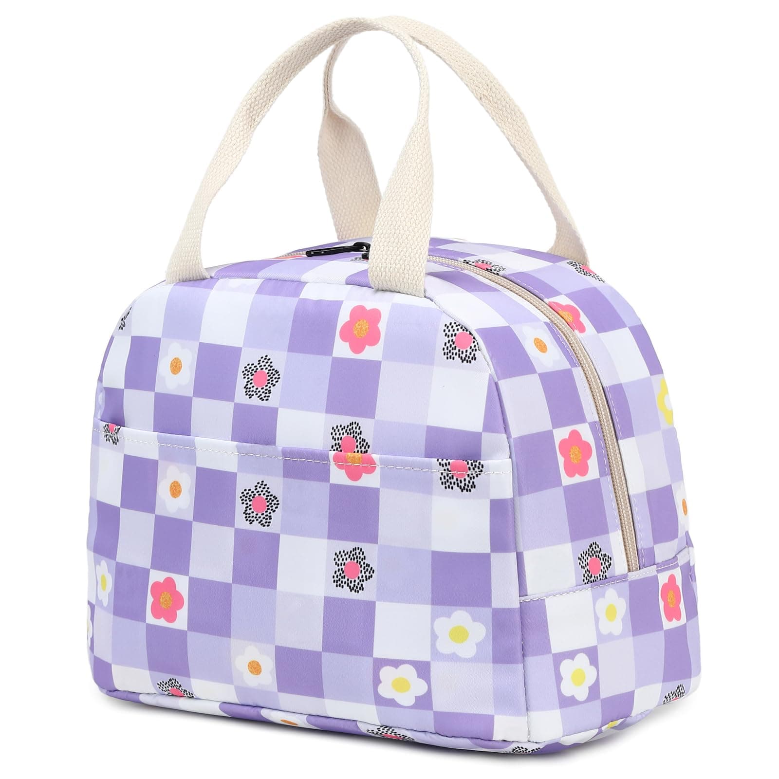 Checkered Insulated Lunch Bag for Women Girls, Reusable Lunch Box Picnic Tote Bags for Adults Kids School Work Travel (Purple)