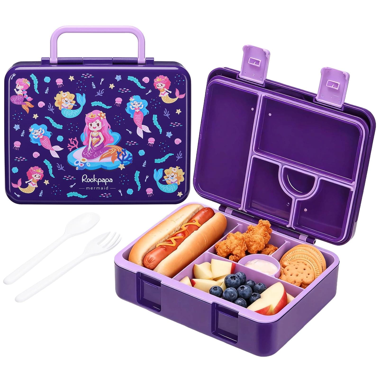 rockpapa 5 Compartment Bento Lunch Box for Kids, Leak Proof, Dishwasher Safe, BPA Free Materials, Snack Bento Box with Utensils, Ideal Portion Size for Boys Girls Ages 3+ (Purple Mermaid)