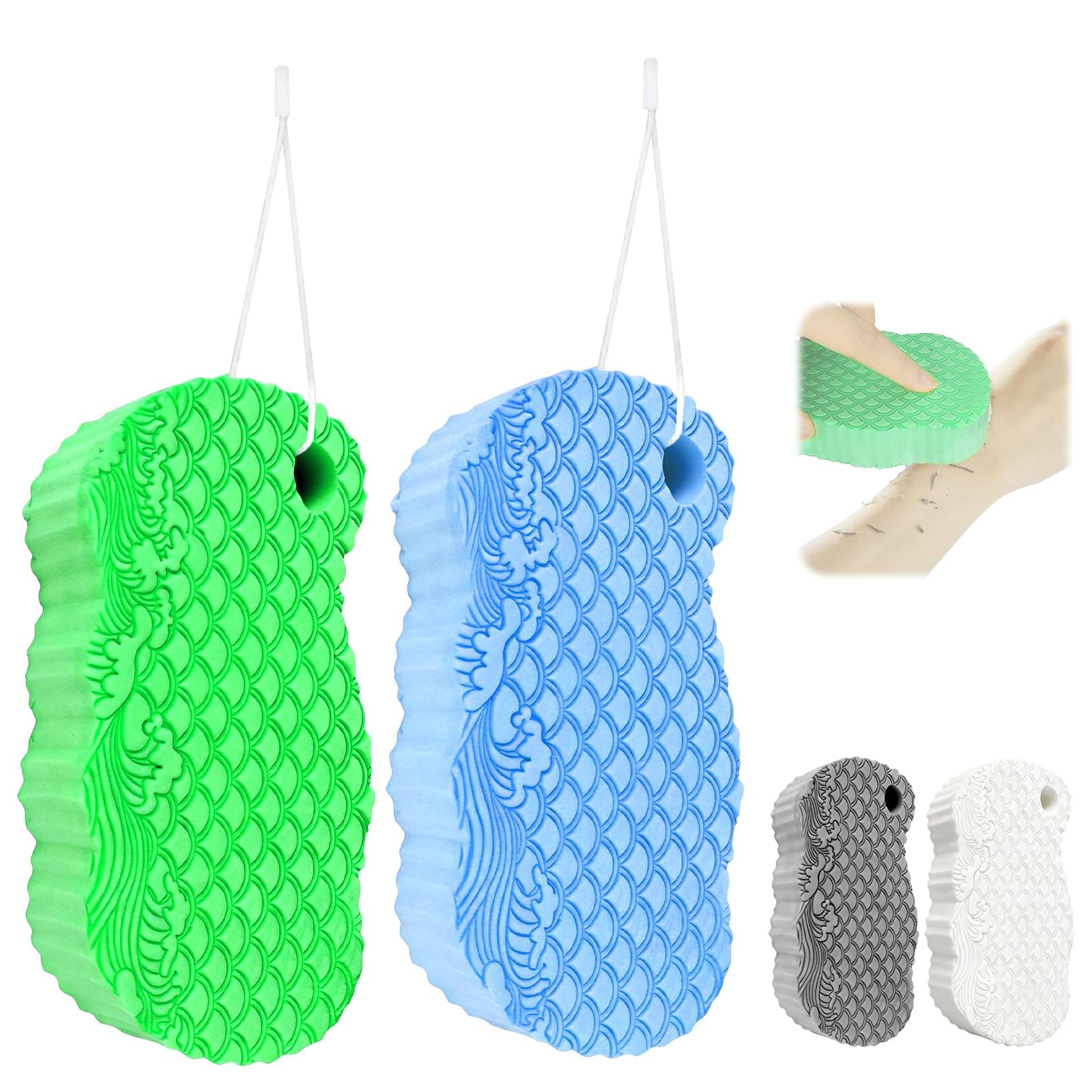 2Pcs Magic Exfoliating Bath Sponge, 3D Ultra Soft Deep Cleansing Body Sponge with Lanyard, Gently and Painlessly Removes Dead Skin & Impurities, Skin Friendly Reusable Sponges (Blue + Dark Green)