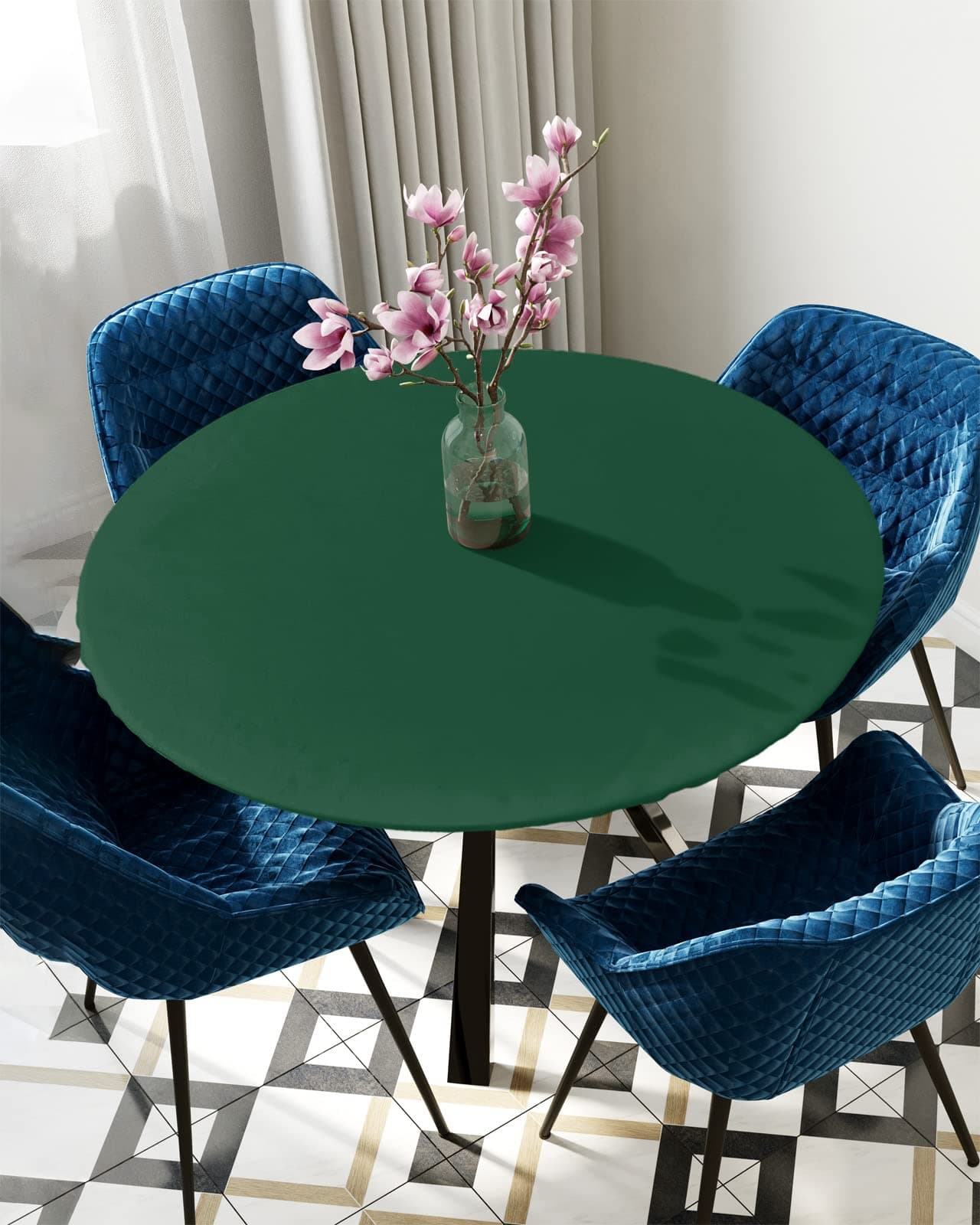 St. Patrick's Day Fitted Table Round Cover Elastic Edged Tablecloth,Dark Hunter Green Simplistic Circle Tables Cover Waterproof Tabletop Protector Cloth for Indoor Outdoor Dinner Party Banquet Decor