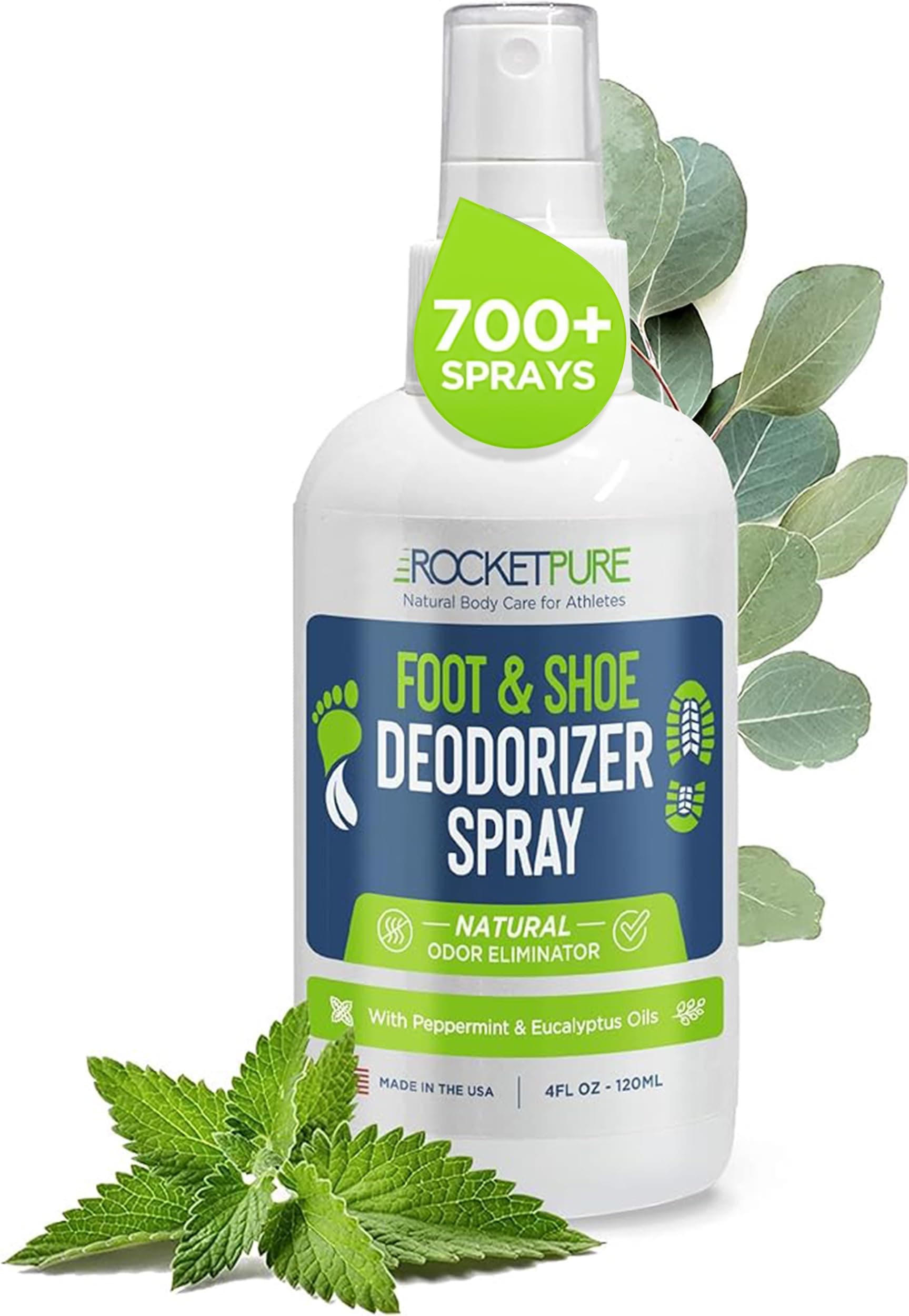Rocket Pure Natural Shoe Deodorizer Spray & Foot Spray - Shoe Spray Deodorizer, Foot Spray Odor Eliminator Spray, Shoe Odor Eliminator, Foot Deodorant, Foot Odor Shoe Freshener (Mint, 4oz)