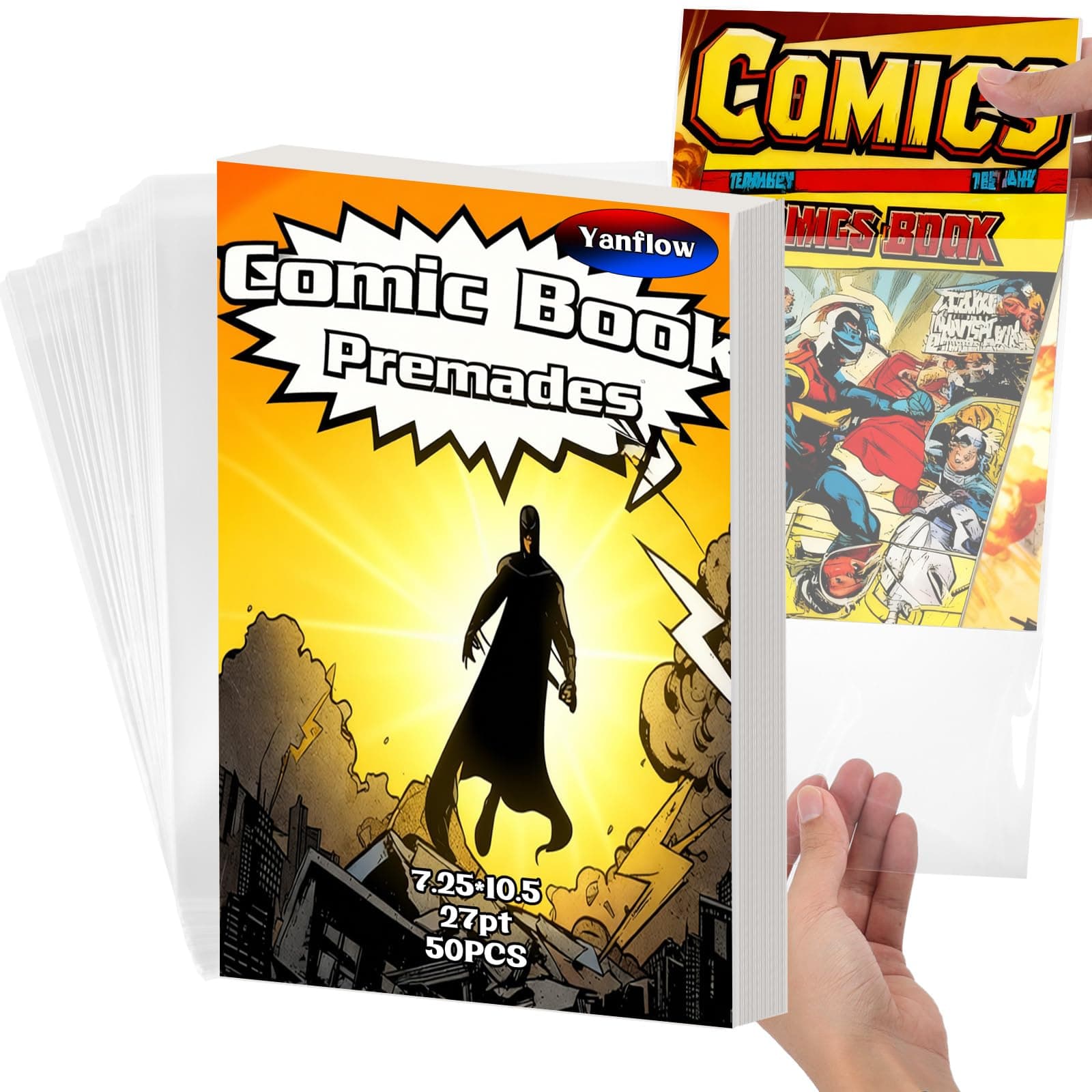 Premium Acid-Free Comic Book Bags and Boards Set (7.25x10.5 Inch) - Self-Sealing Poly Sleeves with Archival Boards for Long-Term Storage & Protection(50pack)