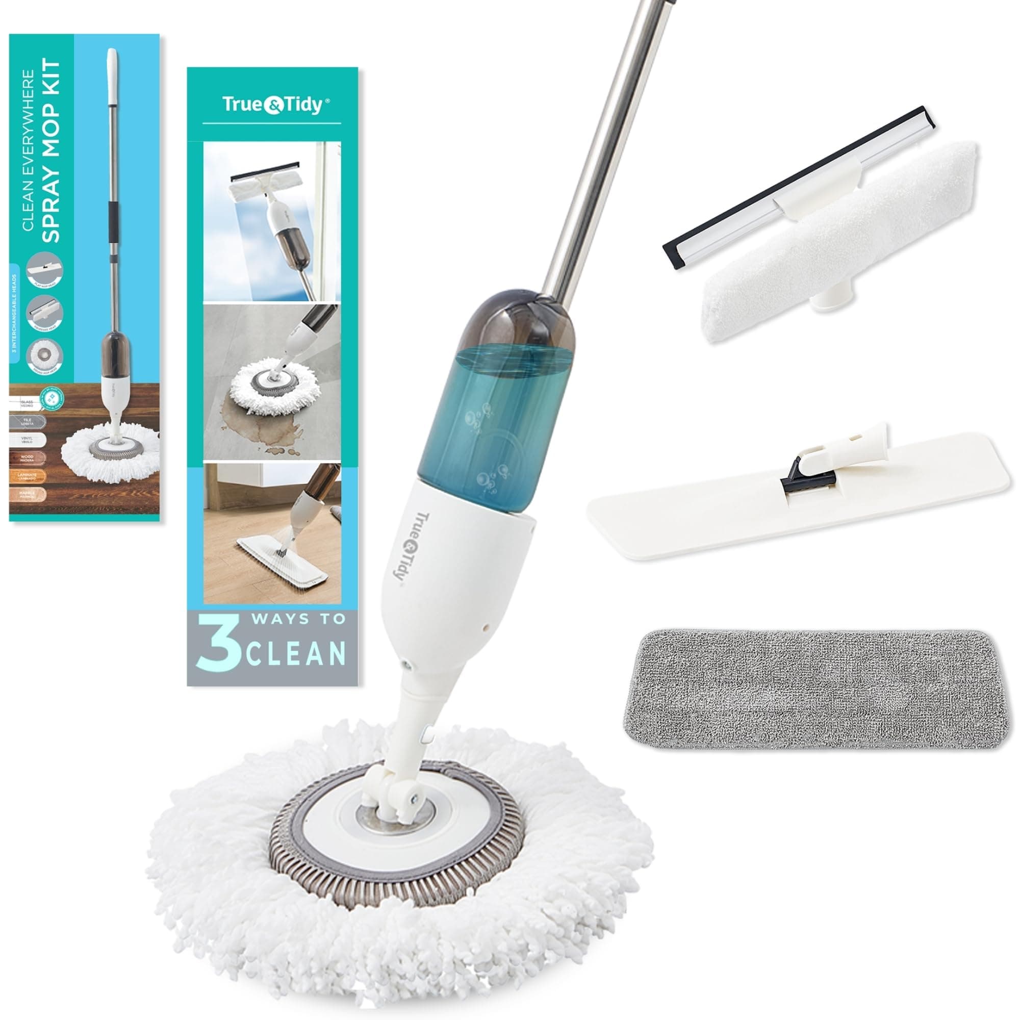 True & Tidy SPRAY-360A Clean Everywhere Spray Mop Kit Premium Floor Spray Mop - Includes Flat Mop Head, Round Mop Head, Squeegee Mop Head, Refill with Any Cleaning Solution, Machine Washable Mop Pad