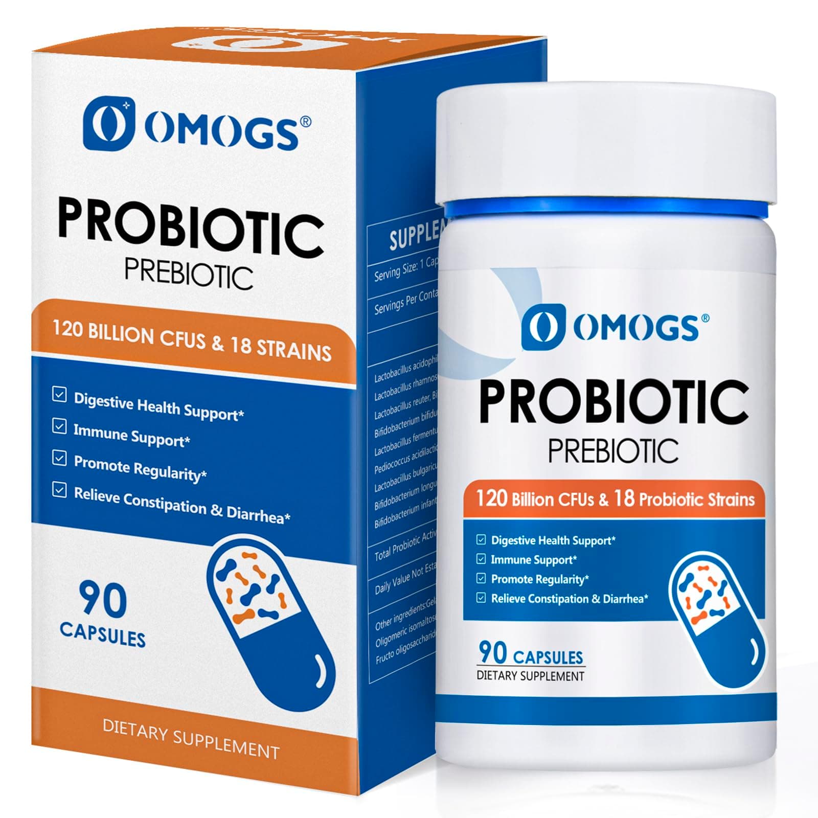 OMOGS Probiotics 120 Billion CFUs 18 Strains, 3 Prebiotics & Digestive Enzymes, Helps Digestive, Gut Health, Immune, Supports Occasional Constipation, Diarrhea & Gas - for Women & Men, 90 Capsules