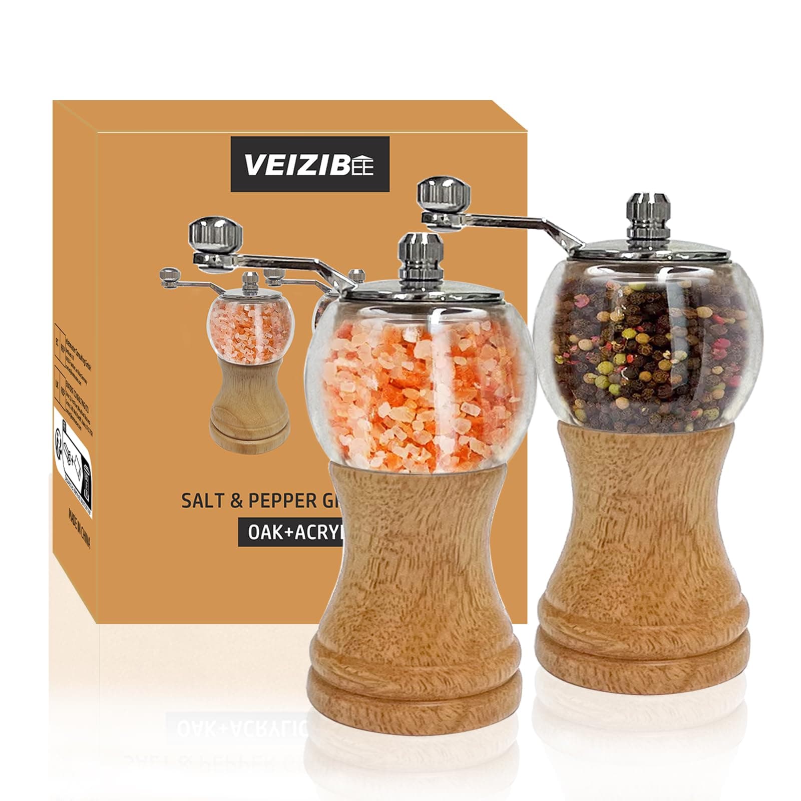 VEIZIBEE Classical Hand Shake Wood Pepper Grinder Set & Gorgeous Salt, Wooden Acrylic Ceramic Blades Upgrade Metal Handle, Enjoy Best Fresh Ground Pepper Sea Salts and Various Spices