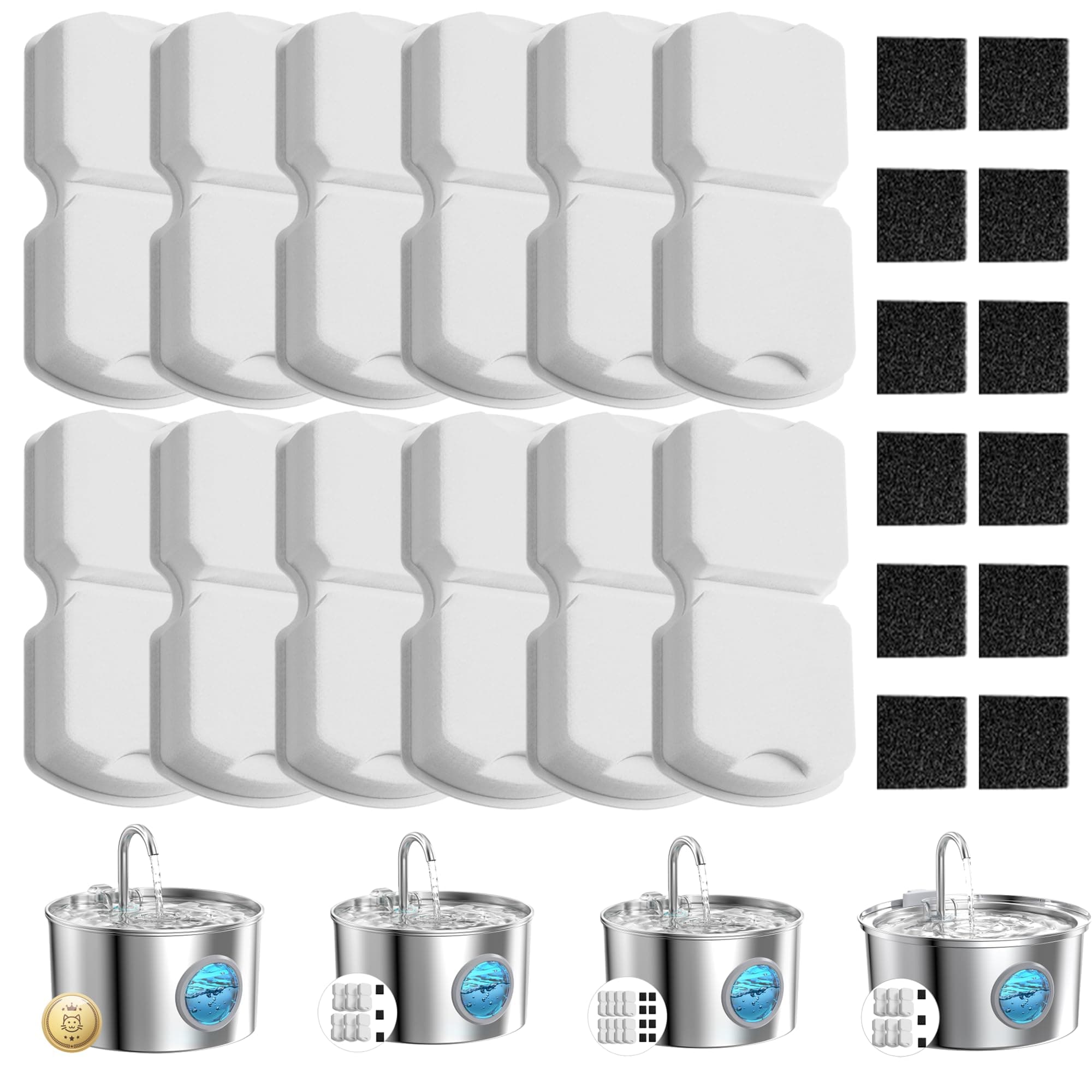 GIOTOHUN Cat Water Fountain Filter: Cat Fountain Filters - Pet Dispenser Replacementfilter - Suitable for Stainless Steel Water Fountains for Cats - 12 Filters + 12 Sponges of Dog Dispenser