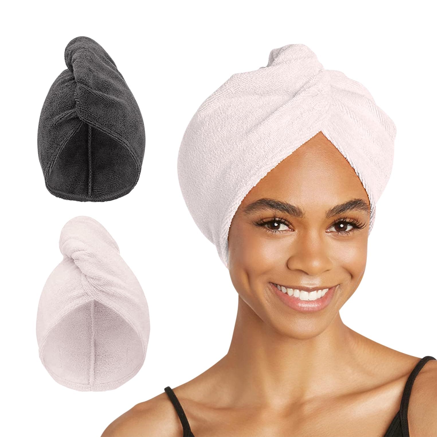 Turbie Twist Microfiber Hair Towel Wrap - The Original Quick Dry, Anti-Frizz Turban Towel for Thick, Long, and Curly Hair - Bathroom Essential for Women, Men, and Kids - Grey, Light Pink - 2 Pack
