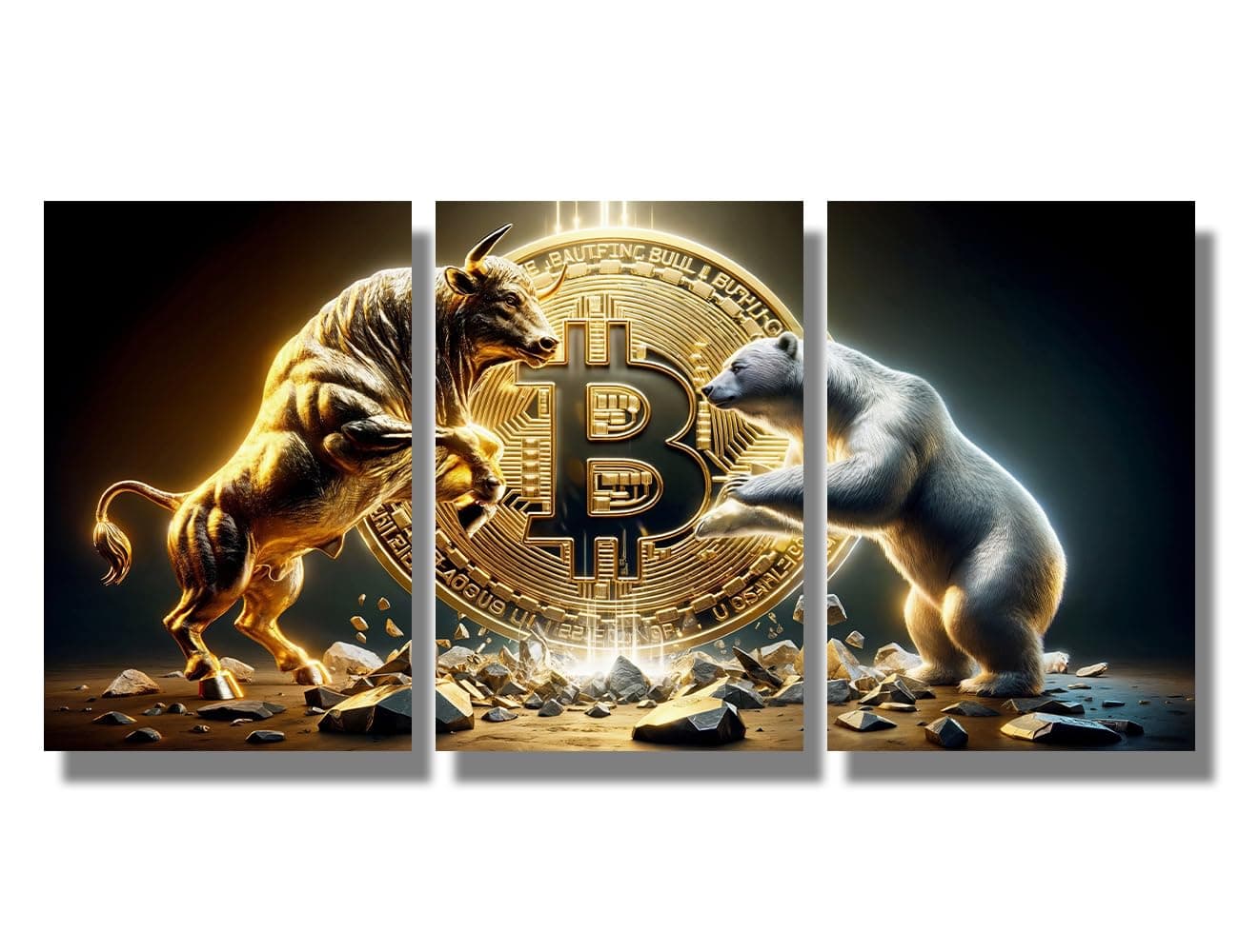LSIUHWUWI 3 Pieces Bull Financial Market Concept in Gold and Black Wall Art Stock Market Bull Vs Bear Sign Poster Trading Investor Canvas Trader Prints for Office Wall Decor 48x24 inches
