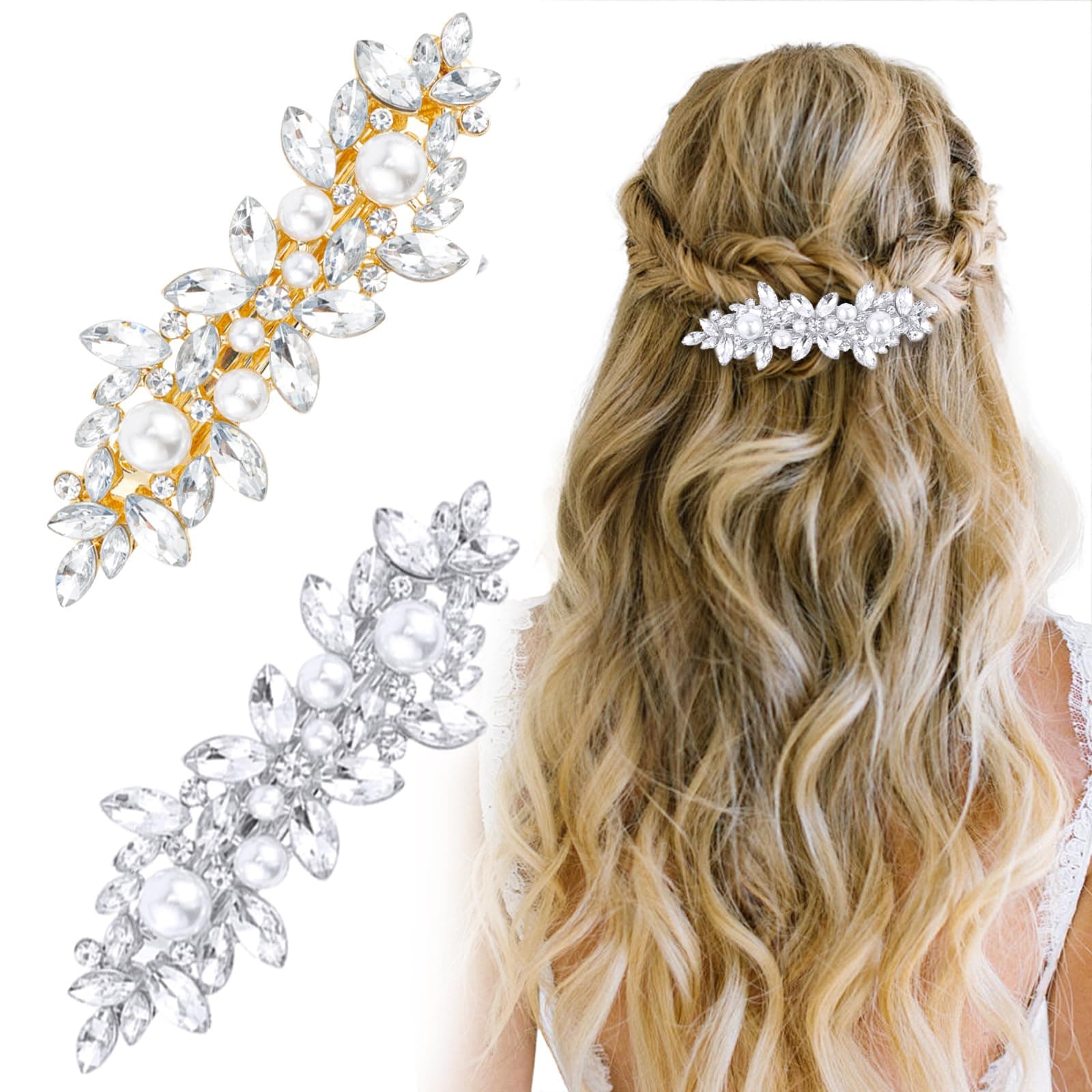 WHAVEL 2PCS Pearl Barrettes for Women, Rhinestone Hair Clips, French Barrette Hair Clips, Bridal Hair Pins, Decorative Hair Accessories, Bridesmaid