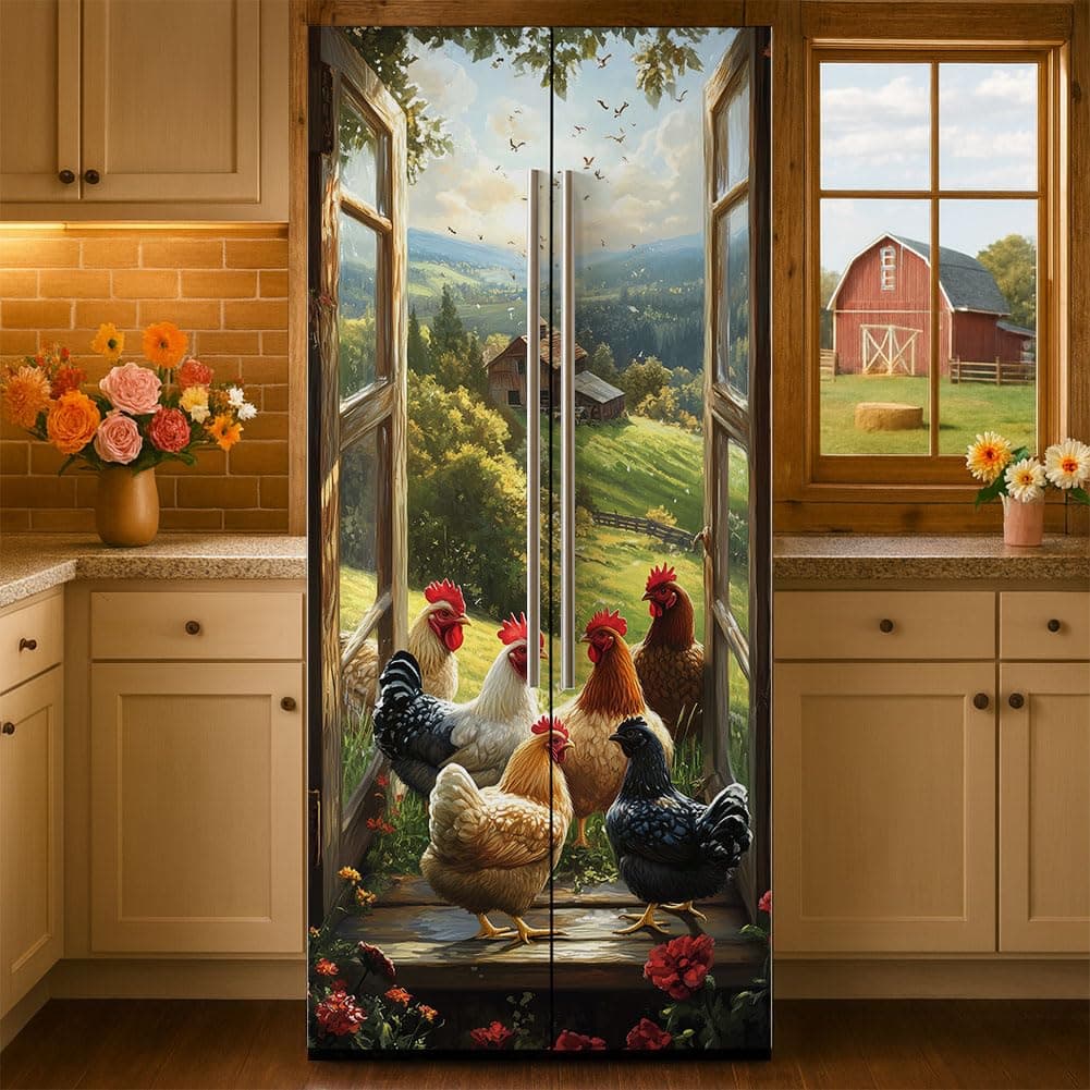 GOMAKERER 2 Pcs Farmhouse Chicken Window View Refrigerator Wraps, 3D Farm Chicken Scene Double Door Fridge Decor Self-Adhesive Removable Fridge Sticker for Kitchen Bar Decor, 16.34 x 78.74 Inch