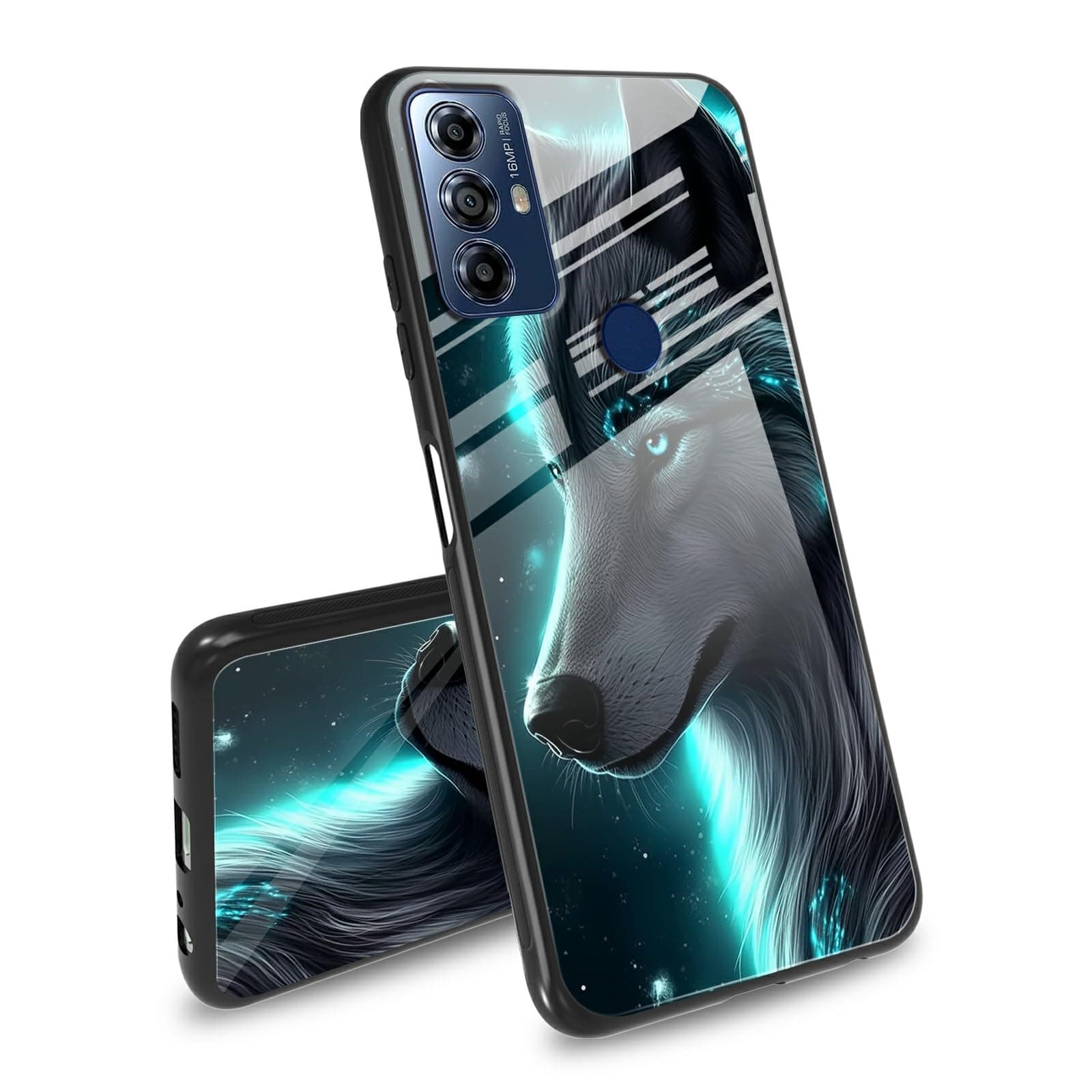 BFDHGQZC for Moto G Play 2023 Case Tempered Glass Back Cover & TPU Bumper Fashion Men Women Phone Case Shockproof Protective Cover for Moto G Play 2023,Wolf