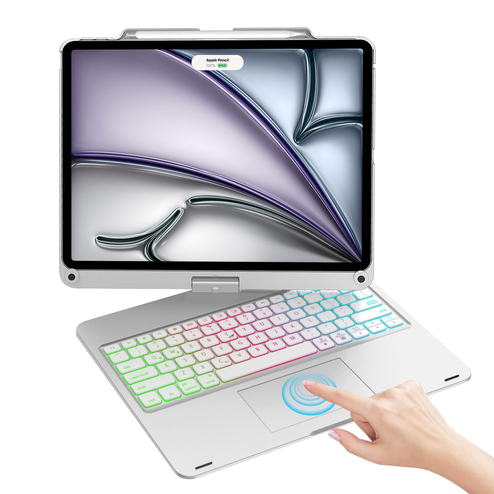 Keyboard Case for iPad Pro 12.9 inch 6th/5th/4th/3rd Gen, 7 Modes Rainbow Backlight, Wireless Multi-Touch Trackpad, 360°Swivel Rotatable Protective Case with Pencil Holder, Large Battery, Thin & Light