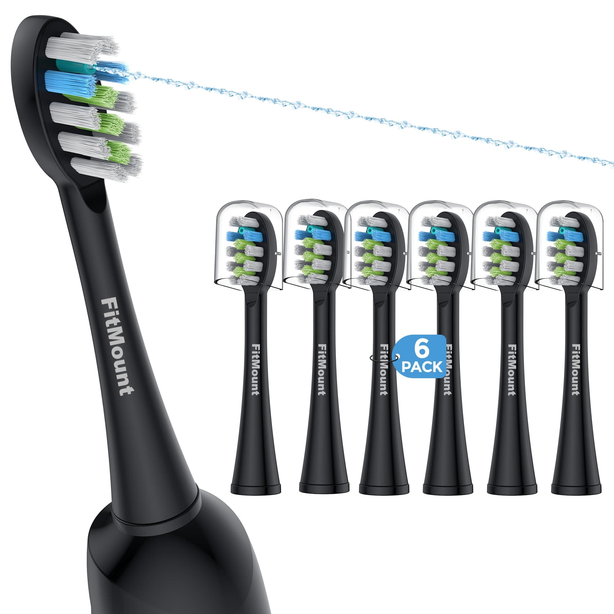 FitMount 6 Pack Toothbrush Replacement Heads Compatible with WaterPik Sonic Fusion 2.0, FitMount Flossing Brush Head Fit for Water-Pic SF-01W SF-02W and 2.0 SF-03 SF-04, Black