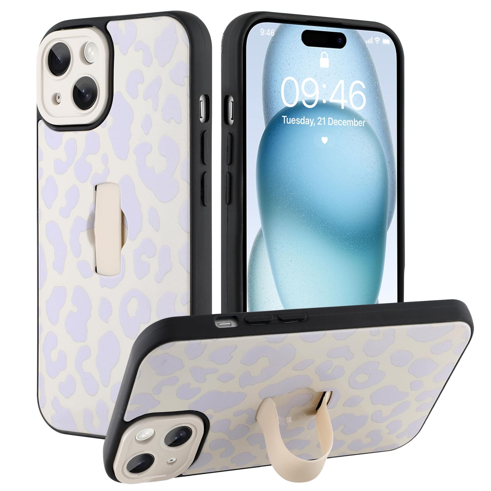 Ufbara Compatible with iPhone 15 Case for Women Girls, Cute Cheetah Leopard Pattern, Built in Adjustable Wrist Strap Grip Hand Holder Stand Shockproof Kickstand Cover (White)