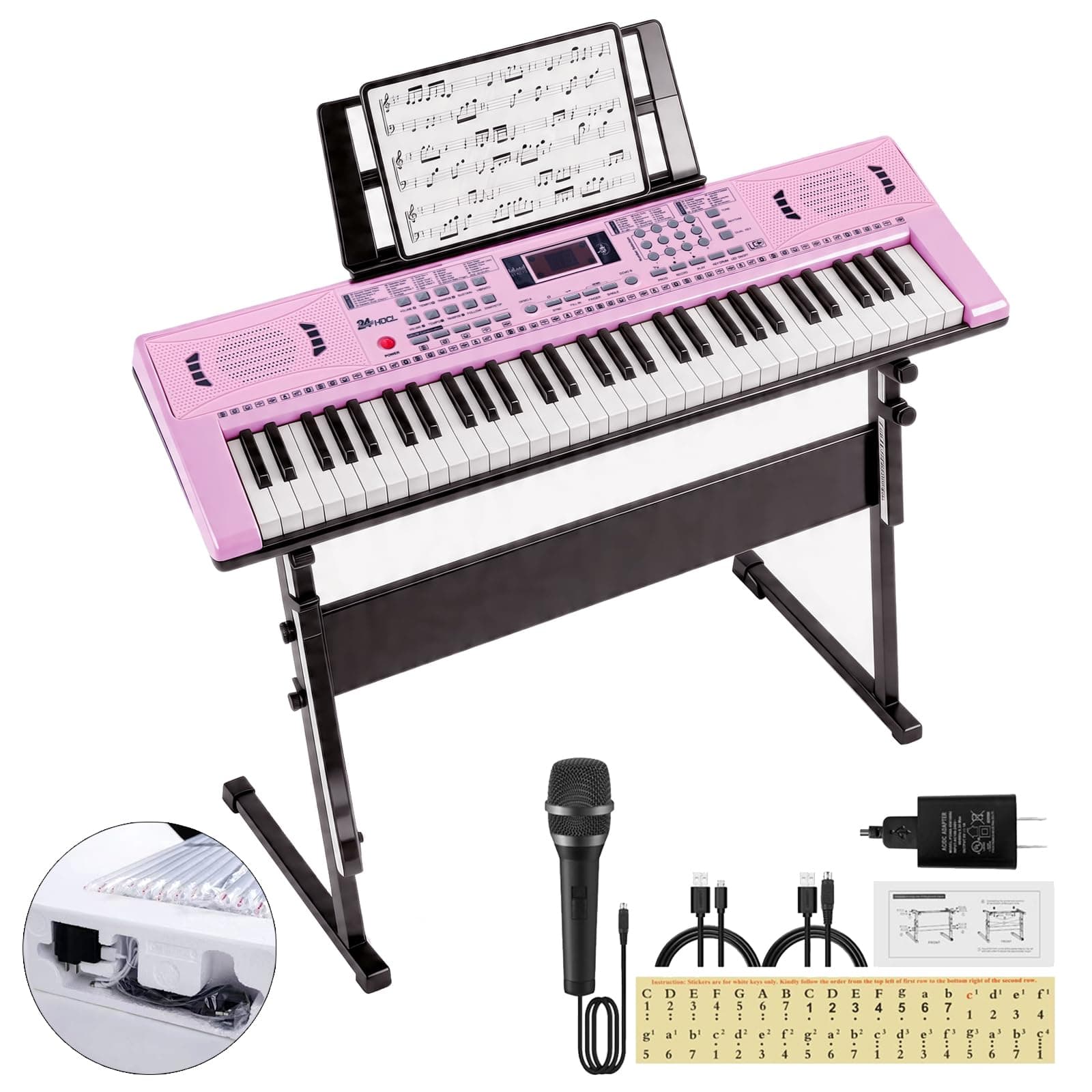 Kids Keyboard Piano, 61 Key Electronic Piano (Pink with Stand)
