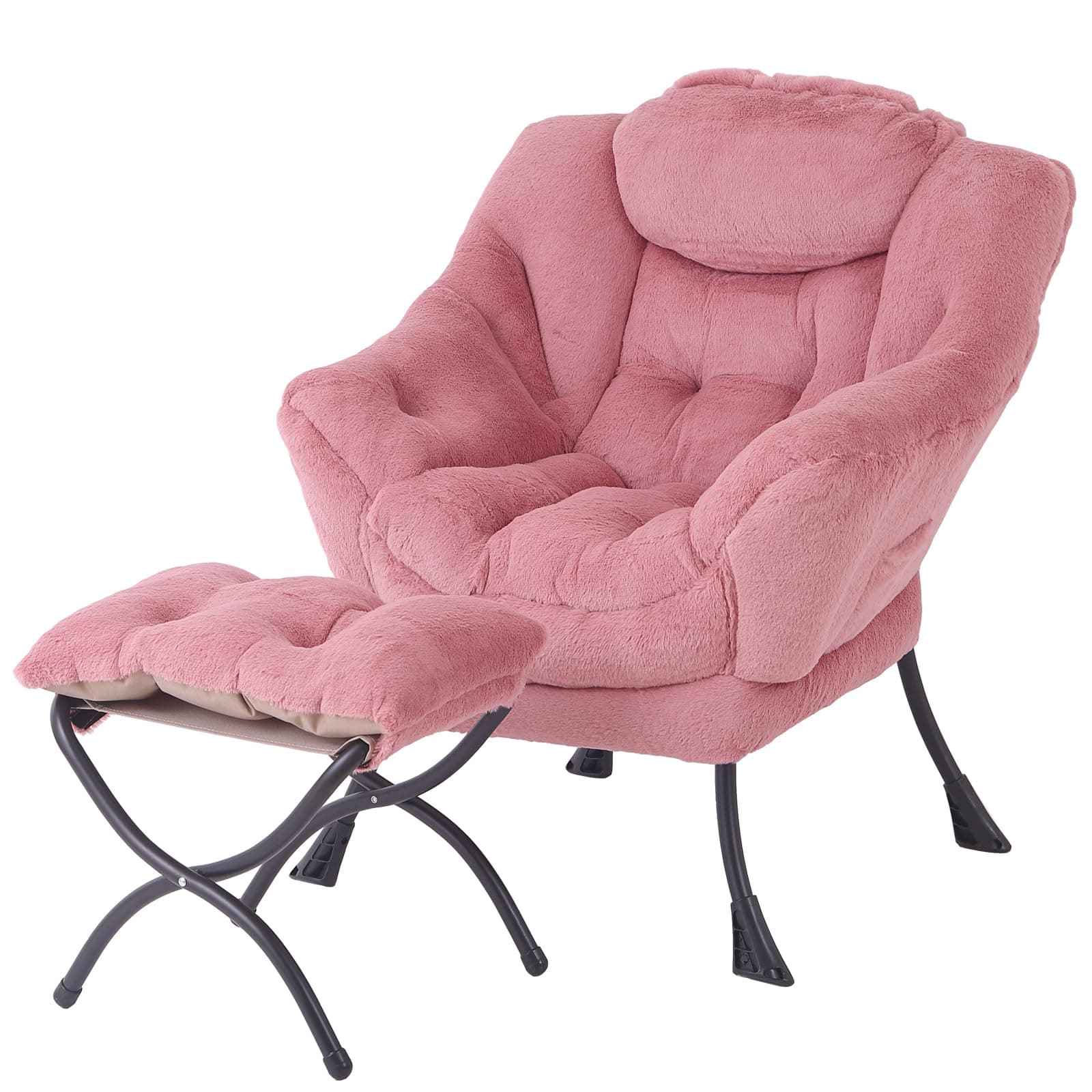 Tiita Lazy Chair with Ottoman, Comfy Reading Accent Chair, Plush Dark Pink