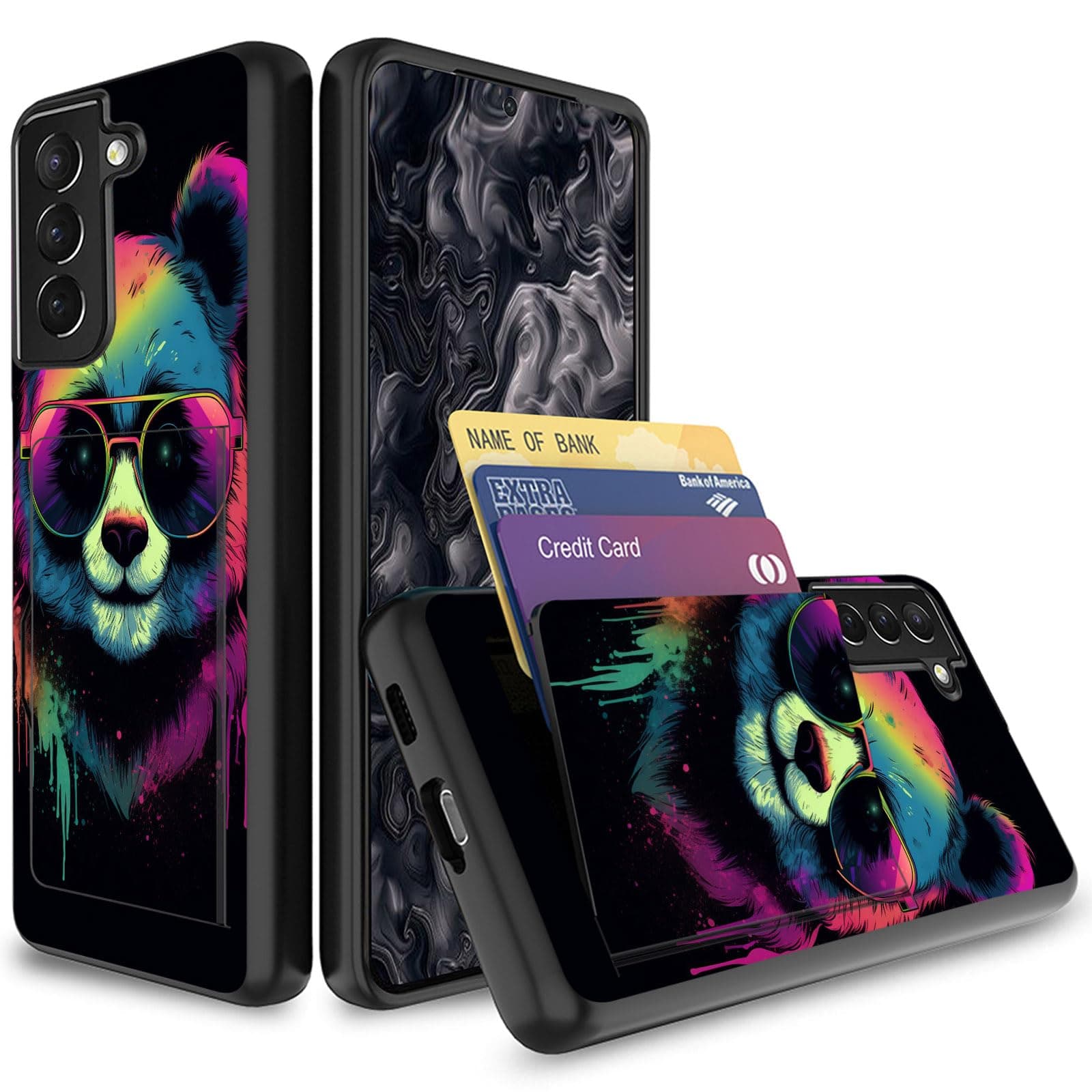 JHYYTUJTYP for Galaxy S24 Case with Card Holder,Heavy Duty Protective Dual Layer Shockproof Hidden Card Slot Wallet Case for Samsung Galaxy S24 6.2”,Panda Bear Wearing Sunglasses