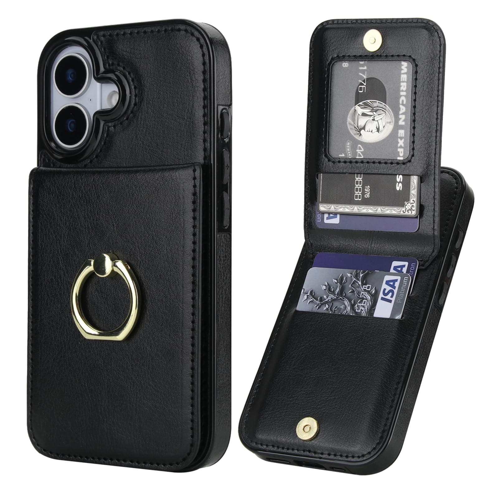 KIHUWEY for iPhone 17 Case Wallet with Credit Card Holder, 360° Rotation Ring PU Leather Magnetic Clasp Kickstand Heavy Duty Protective Cover for Women and Men 6.3 Inch (Black)