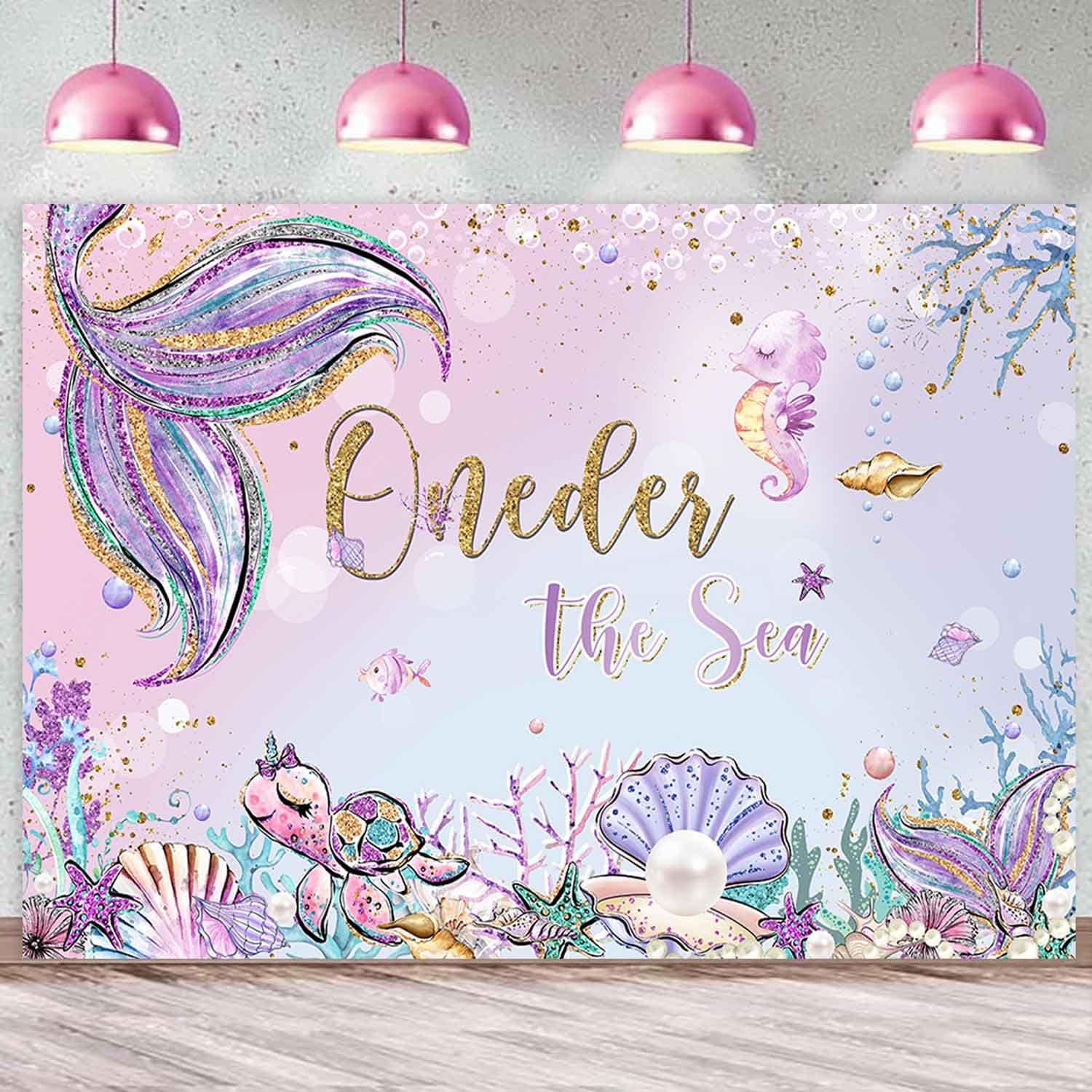 Sensfun Oneder The Sea Mermaid 1st Birthday Backdrop for Girl Under The Sea Photography Background Glitter Purple Pink Little Mermaid Princess First Birthday Party Banner Cake Table Decorations 7x5ft