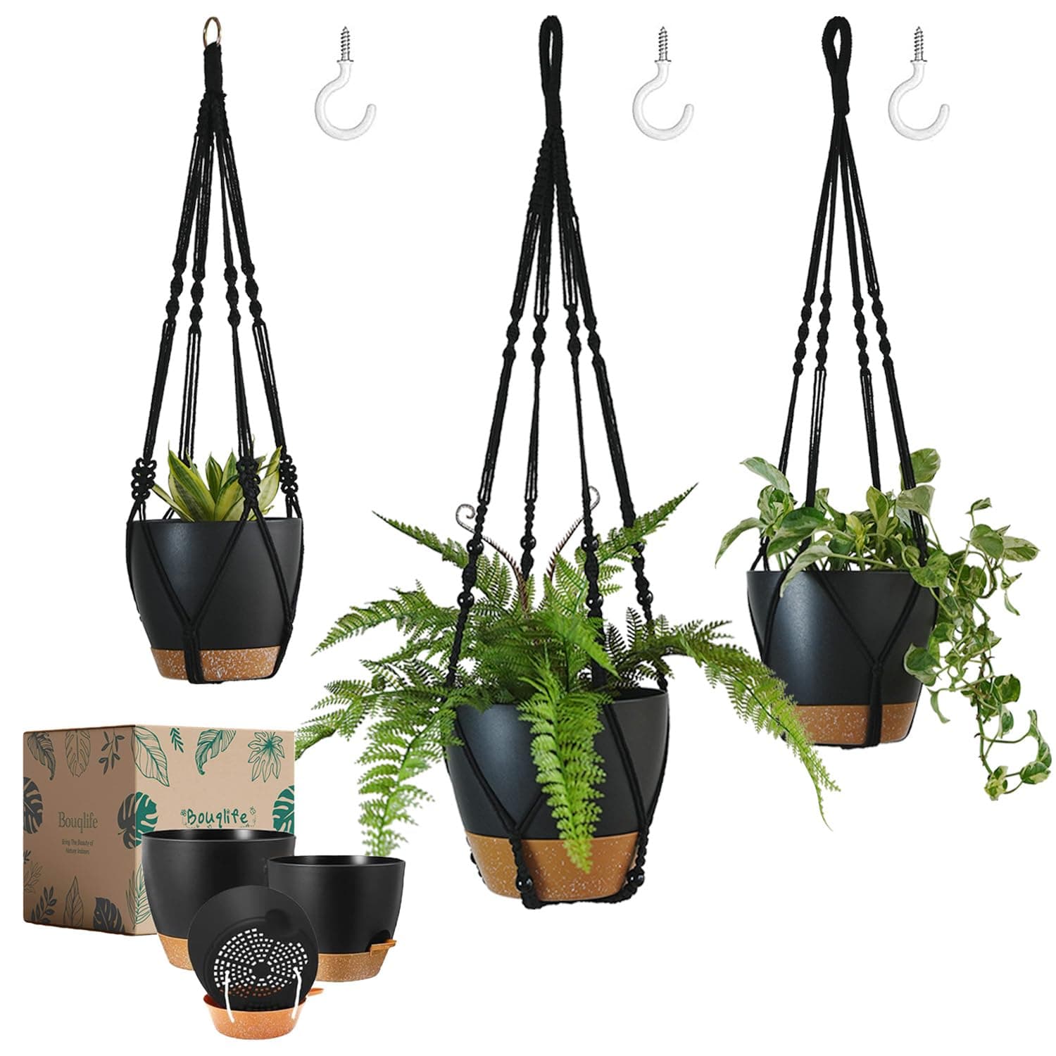 3 Pack Self Watering Hanging Planters Macrame Plant Hangers with Indoor Flower Pots 10" / 8" / 7", 3 Different Size Hanging Basket, Plant Hanger with Hooks for Garden Home Decor Black Large
