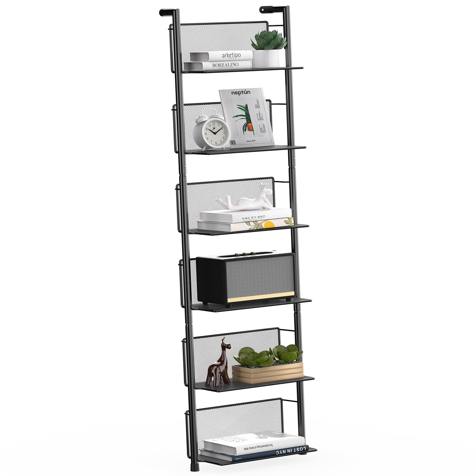Docnest 6 Tier Metal Ladder Shelf, 47.6 Inches Wall Mounted Ladder Bookshelf, Industrial Modern Plant Flower Stand Utility Organizer Bookcase, Open Industrial Shelves- Black